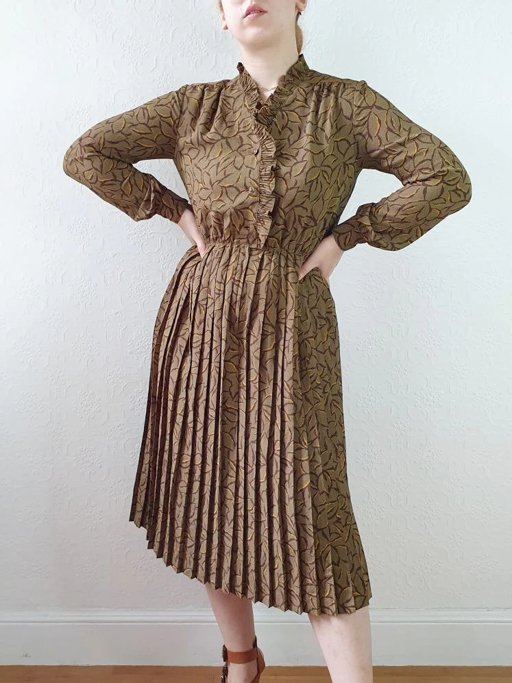 Vintage 80s Khaki Long Sleeve Floral Shirt Dress - S - Image 2