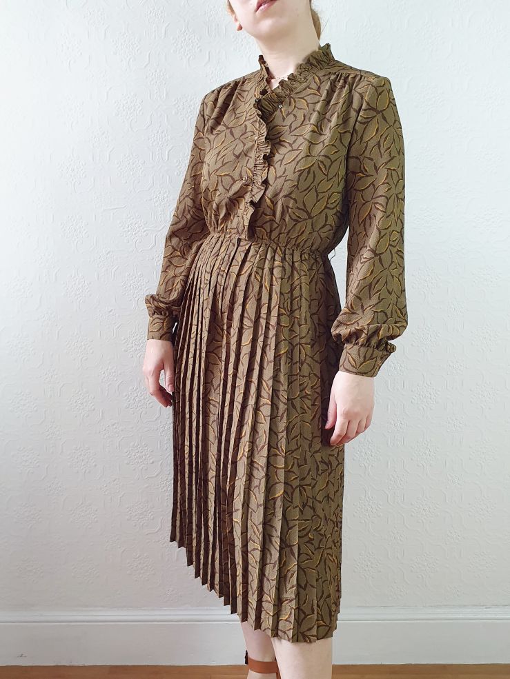 Vintage 80s Khaki Long Sleeve Floral Shirt Dress - S - Image 3