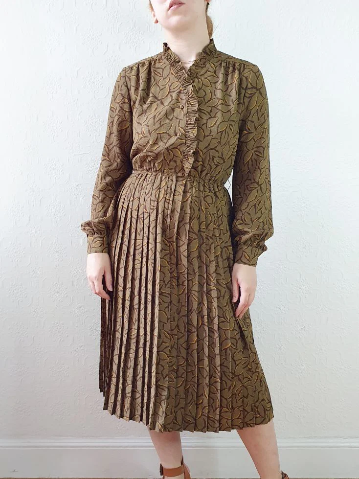 Vintage 80s Khaki Long Sleeve Floral Shirt Dress - S - Image 4