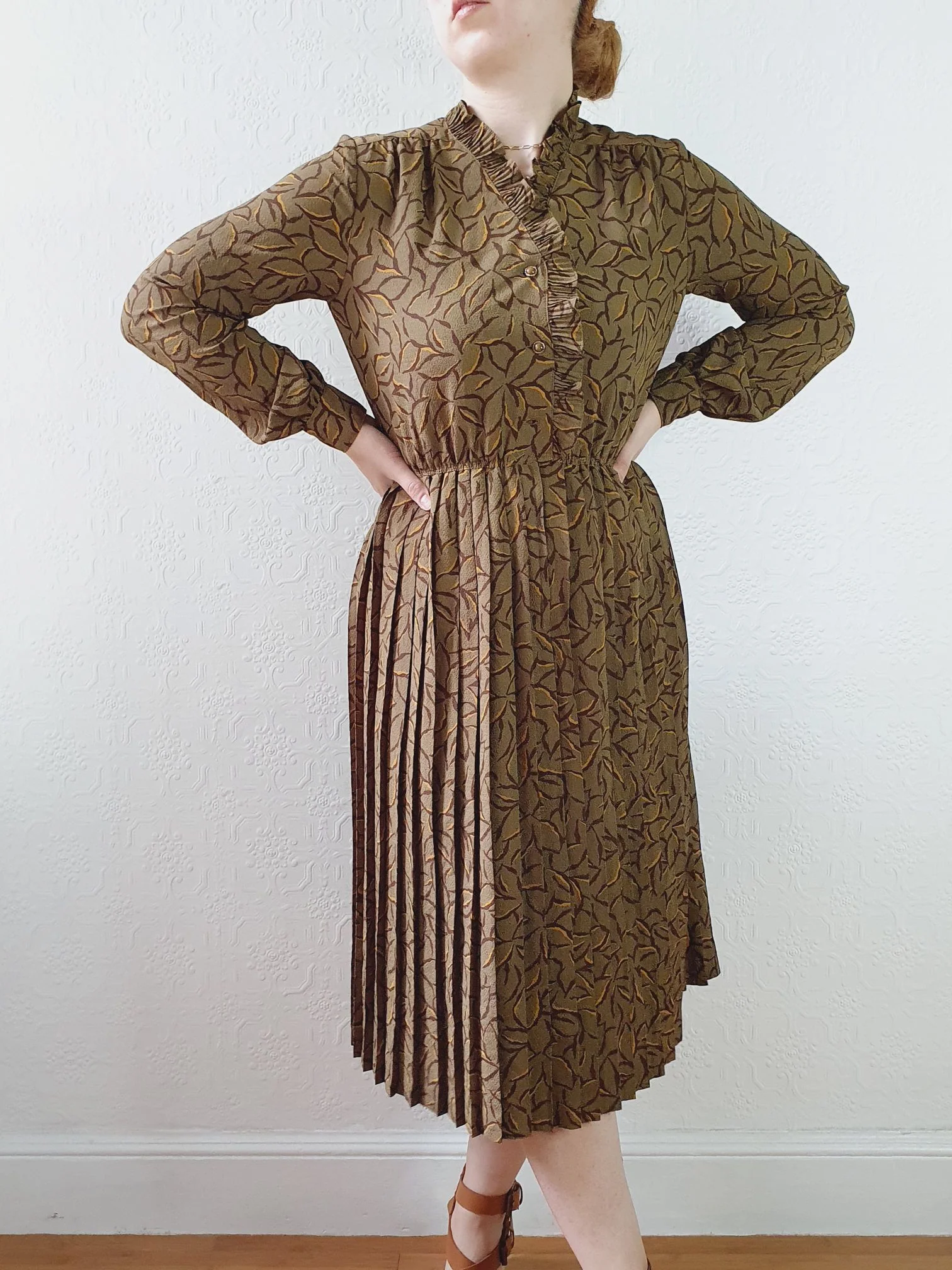 Vintage 80s Khaki Long Sleeve Floral Shirt Dress - S - Image 5