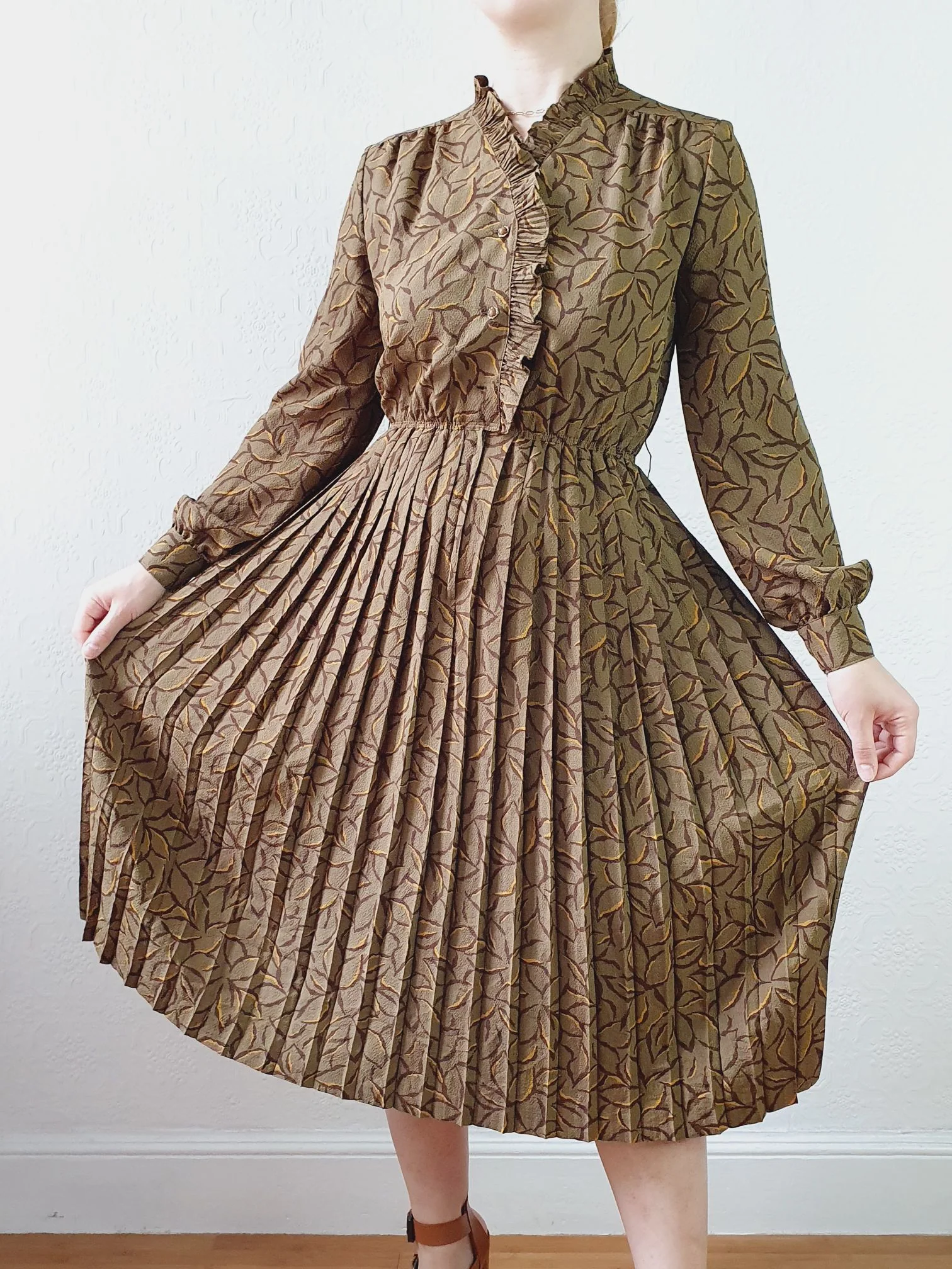Vintage 80s Khaki Long Sleeve Floral Shirt Dress - S - Image 6