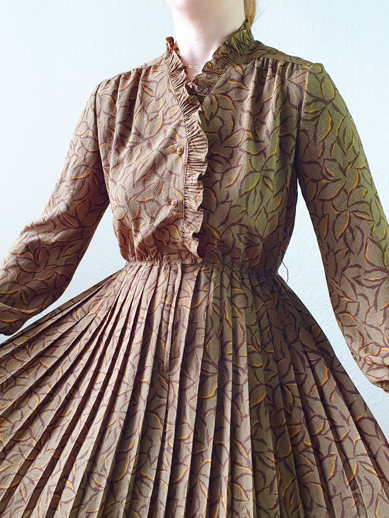 Vintage 80s Khaki Long Sleeve Floral Shirt Dress - S - Image 7
