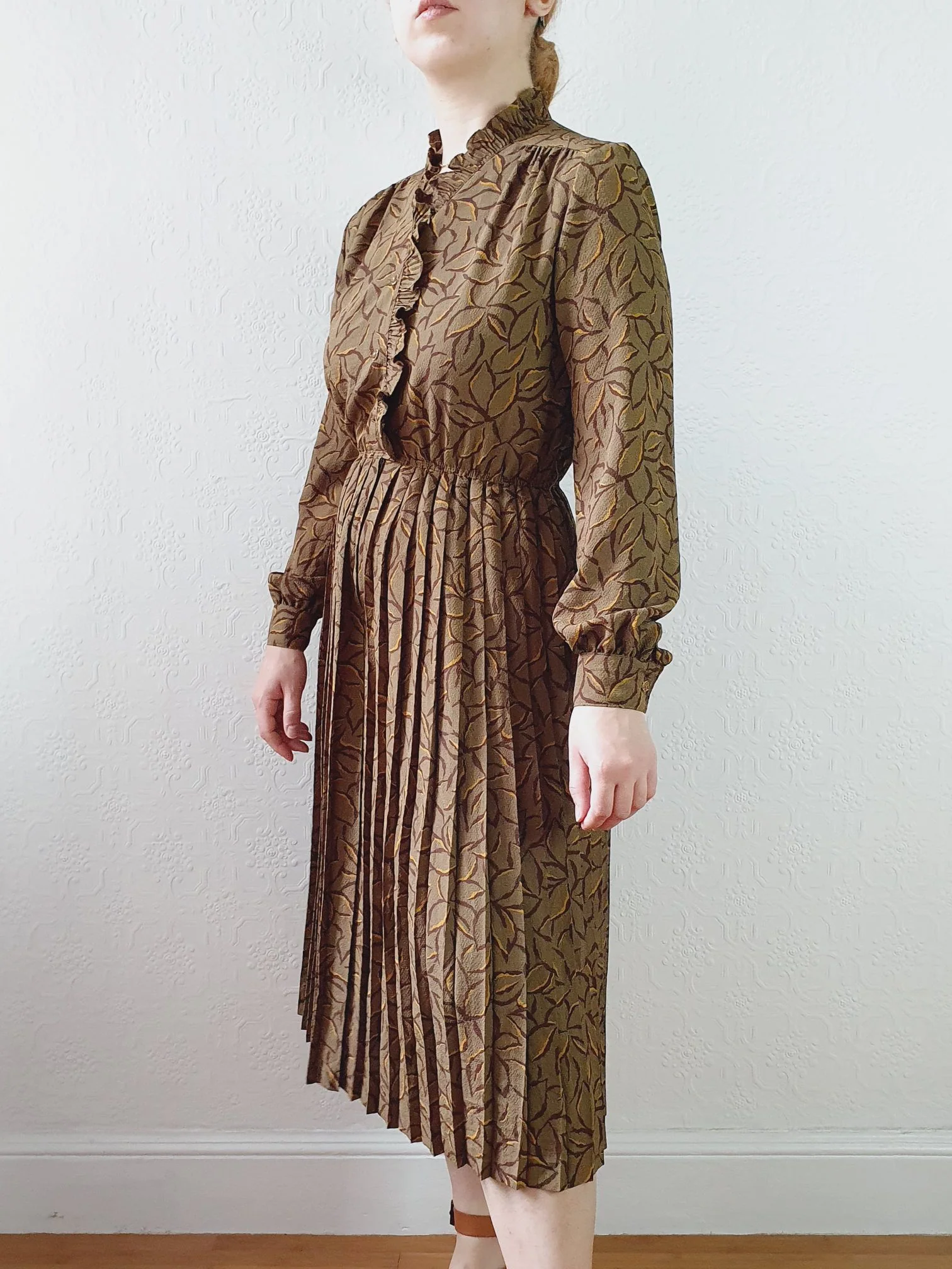 Vintage 80s Khaki Long Sleeve Floral Shirt Dress - S - Image 8