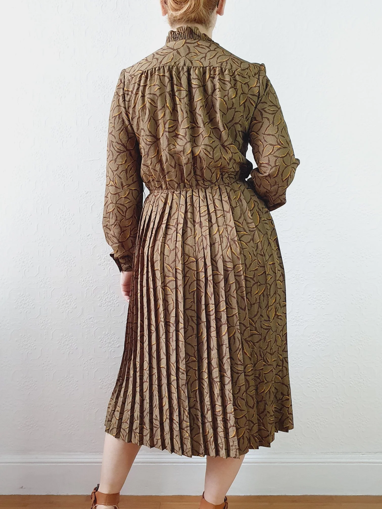 Vintage 80s Khaki Long Sleeve Floral Shirt Dress - S - Image 9