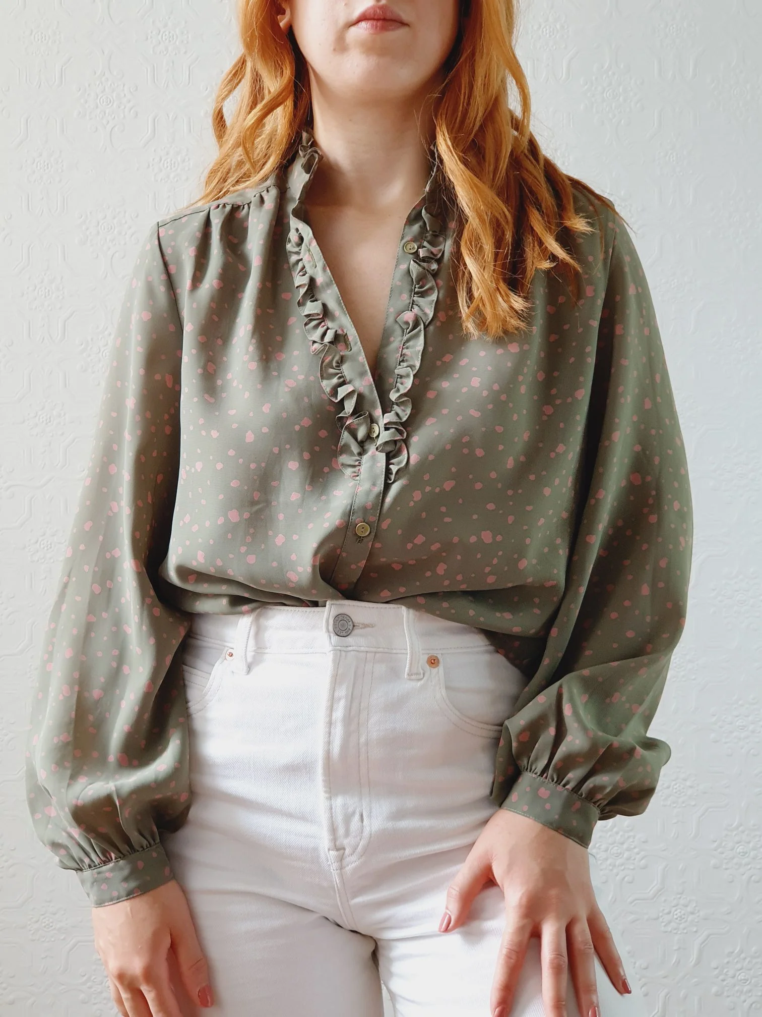 Vintage 80s Khaki & Pink Blouse with Ruffles - S/M
