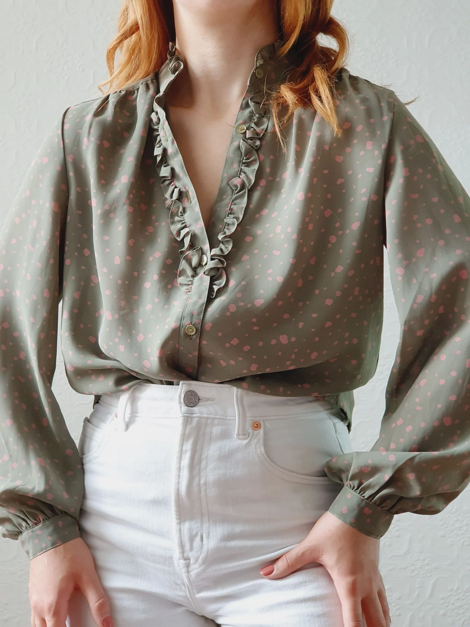 Vintage 80s Khaki & Pink Blouse with Ruffles - S/M - Image 2