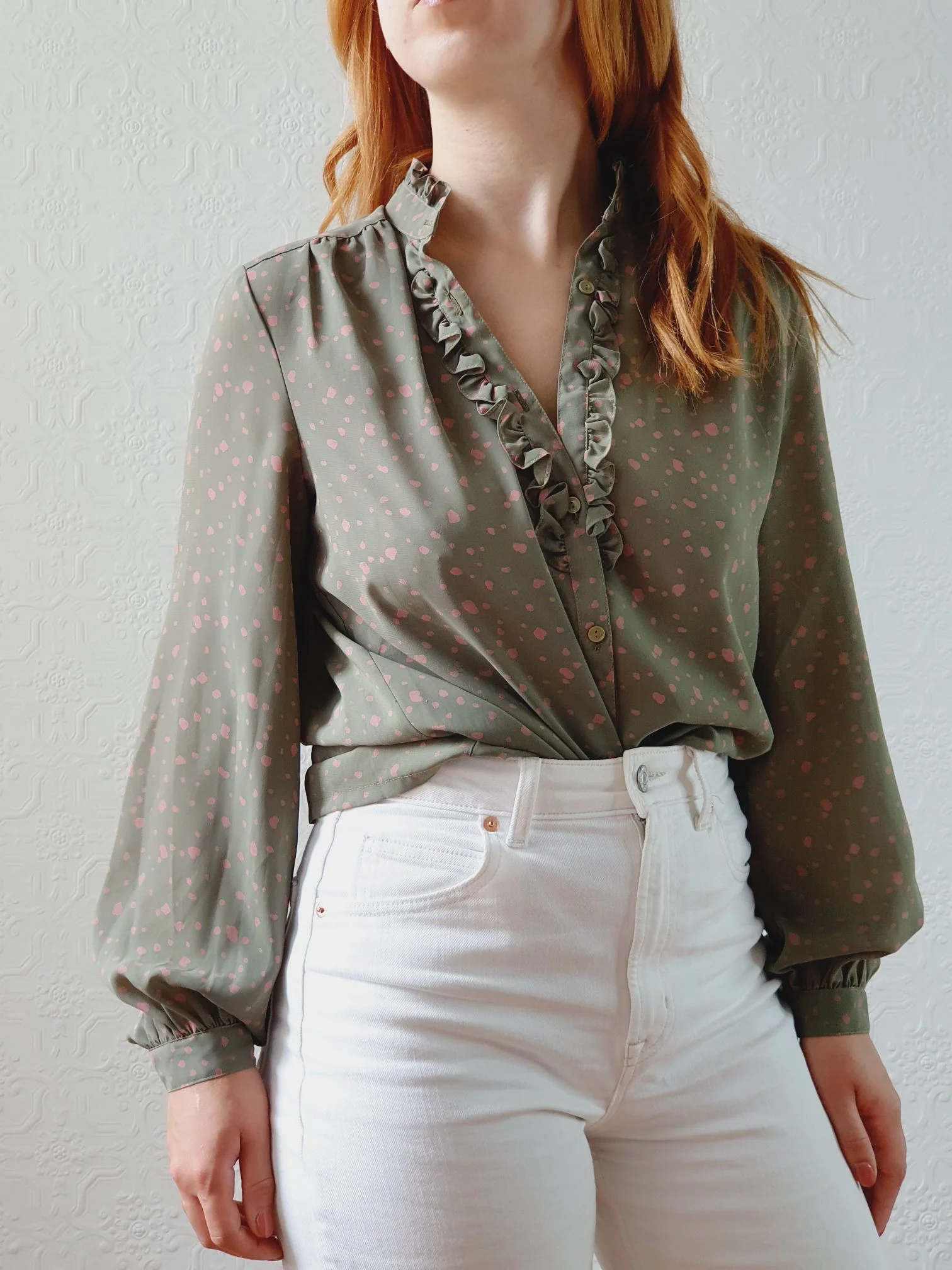 Vintage 80s Khaki & Pink Blouse with Ruffles - S/M - Image 3