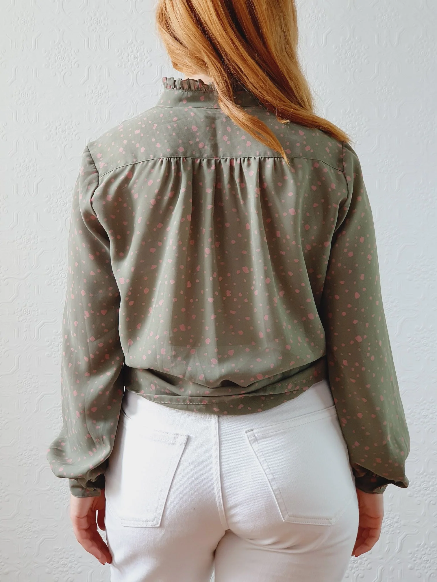Vintage 80s Khaki & Pink Blouse with Ruffles - S/M - Image 4
