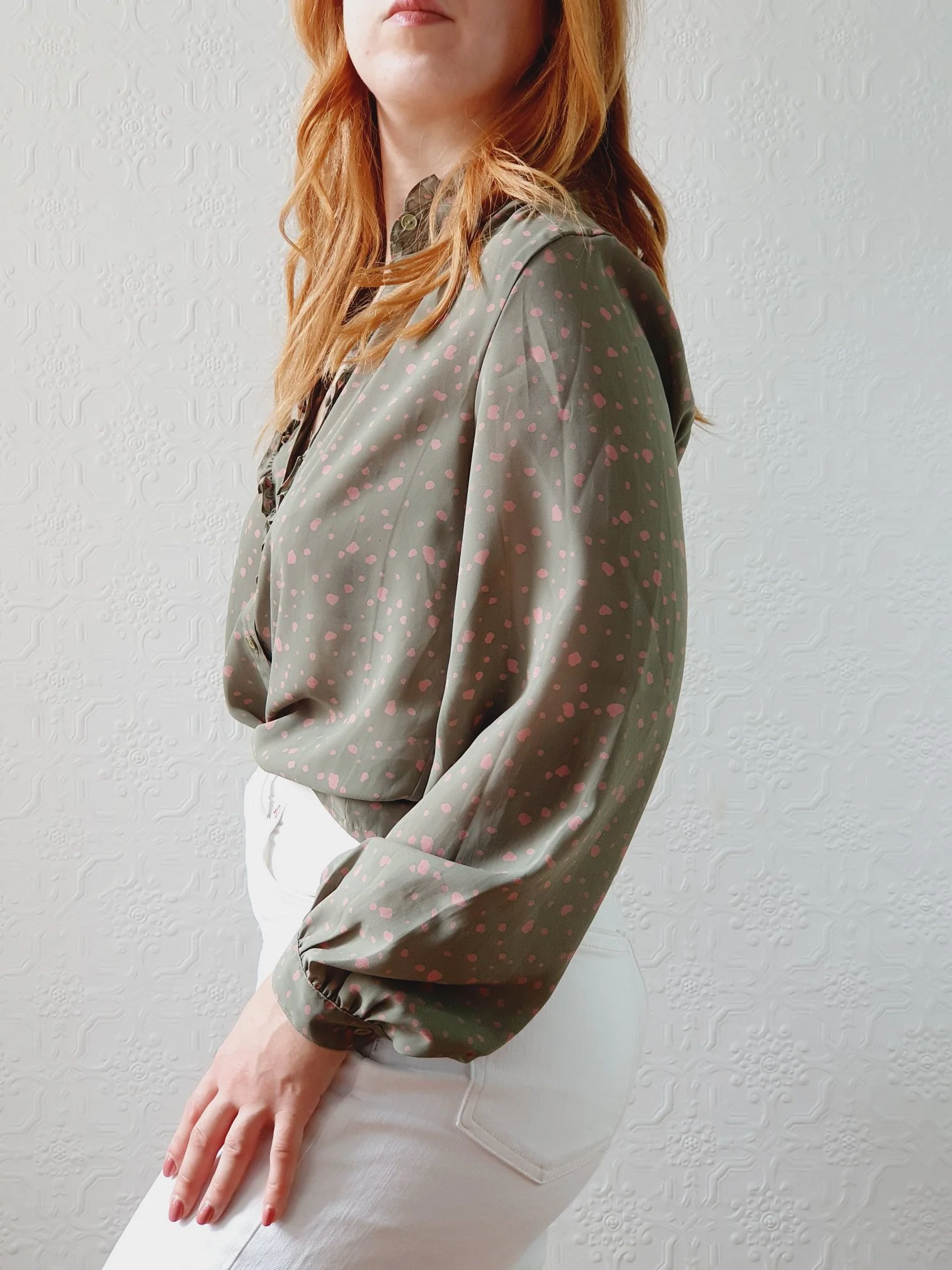 Vintage 80s Khaki & Pink Blouse with Ruffles - S/M - Image 5