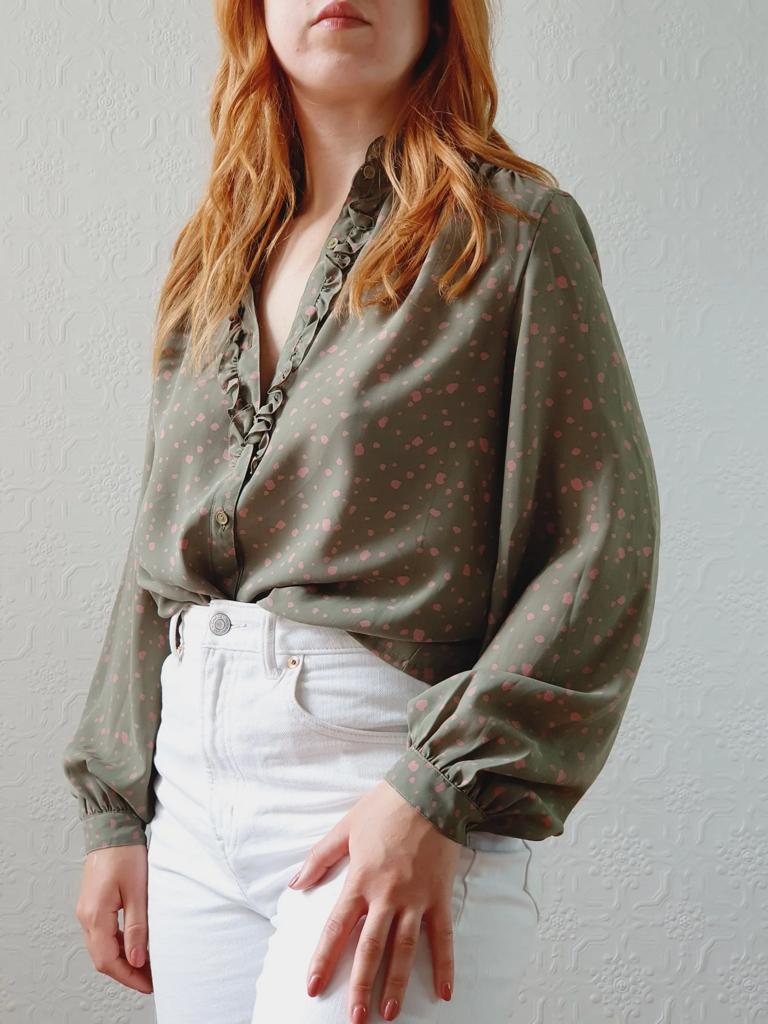 Vintage 80s Khaki & Pink Blouse with Ruffles - S/M - Image 6