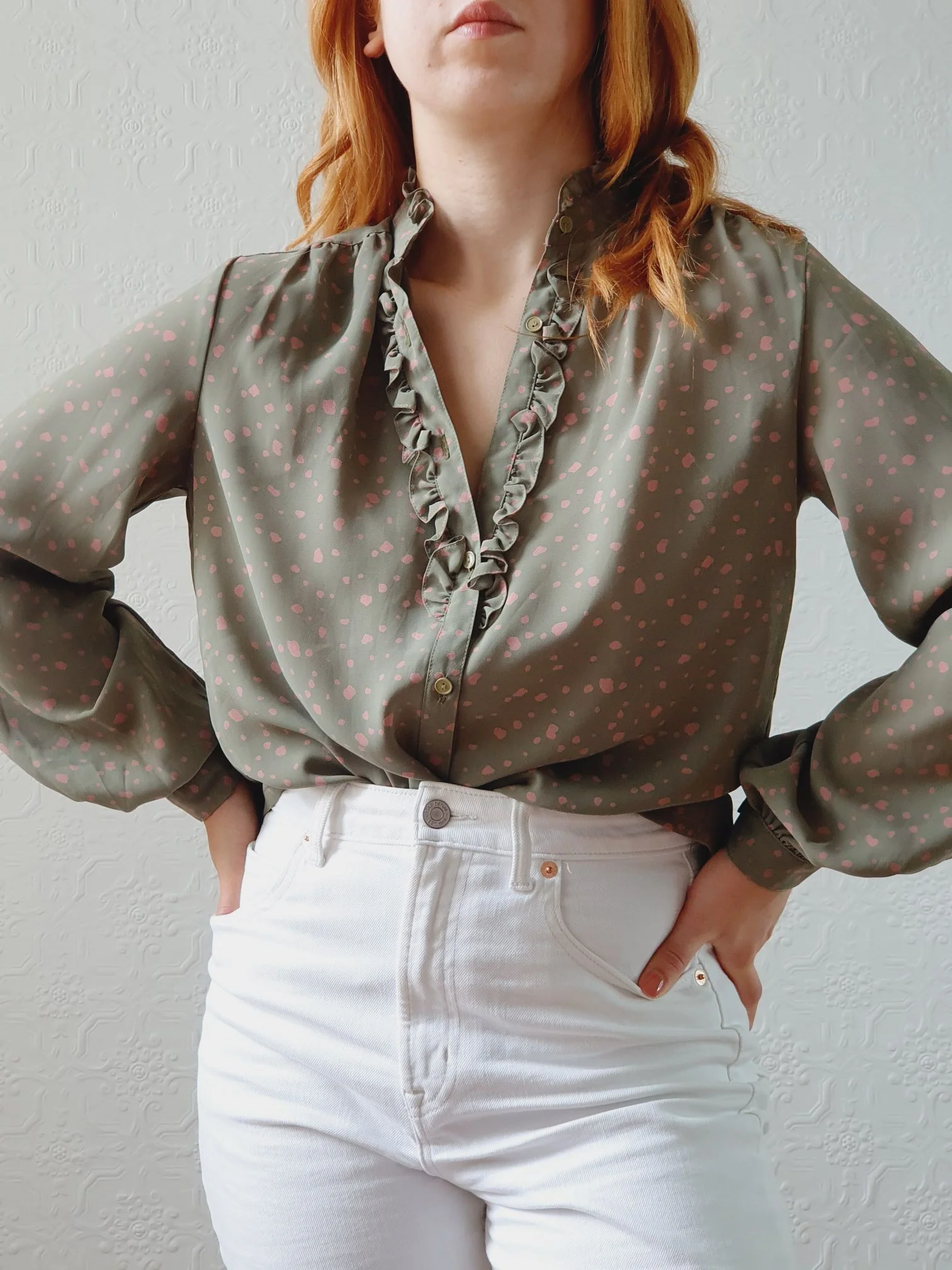 Vintage 80s Khaki & Pink Blouse with Ruffles - S/M - Image 7