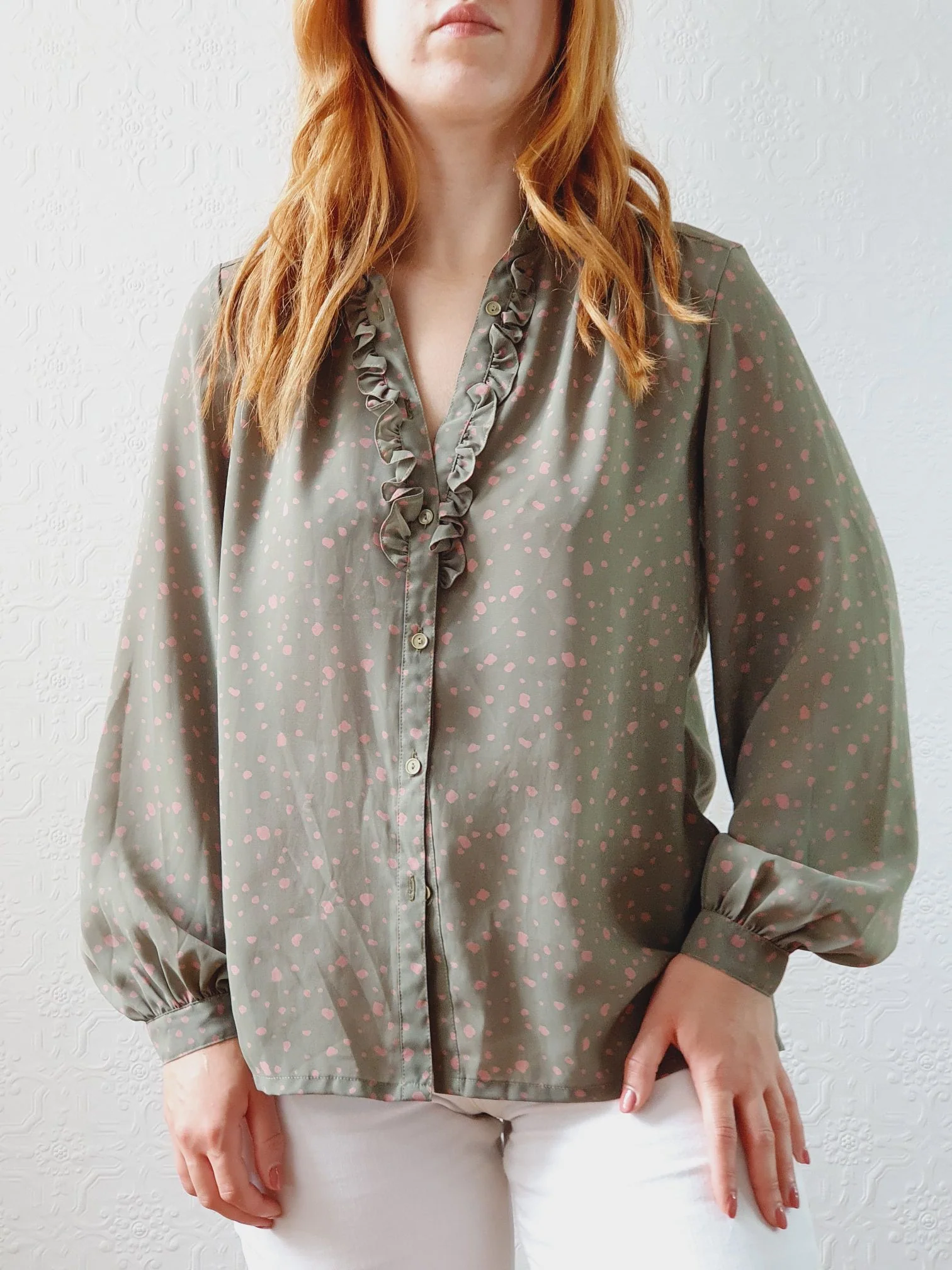 Vintage 80s Khaki & Pink Blouse with Ruffles - S/M - Image 8