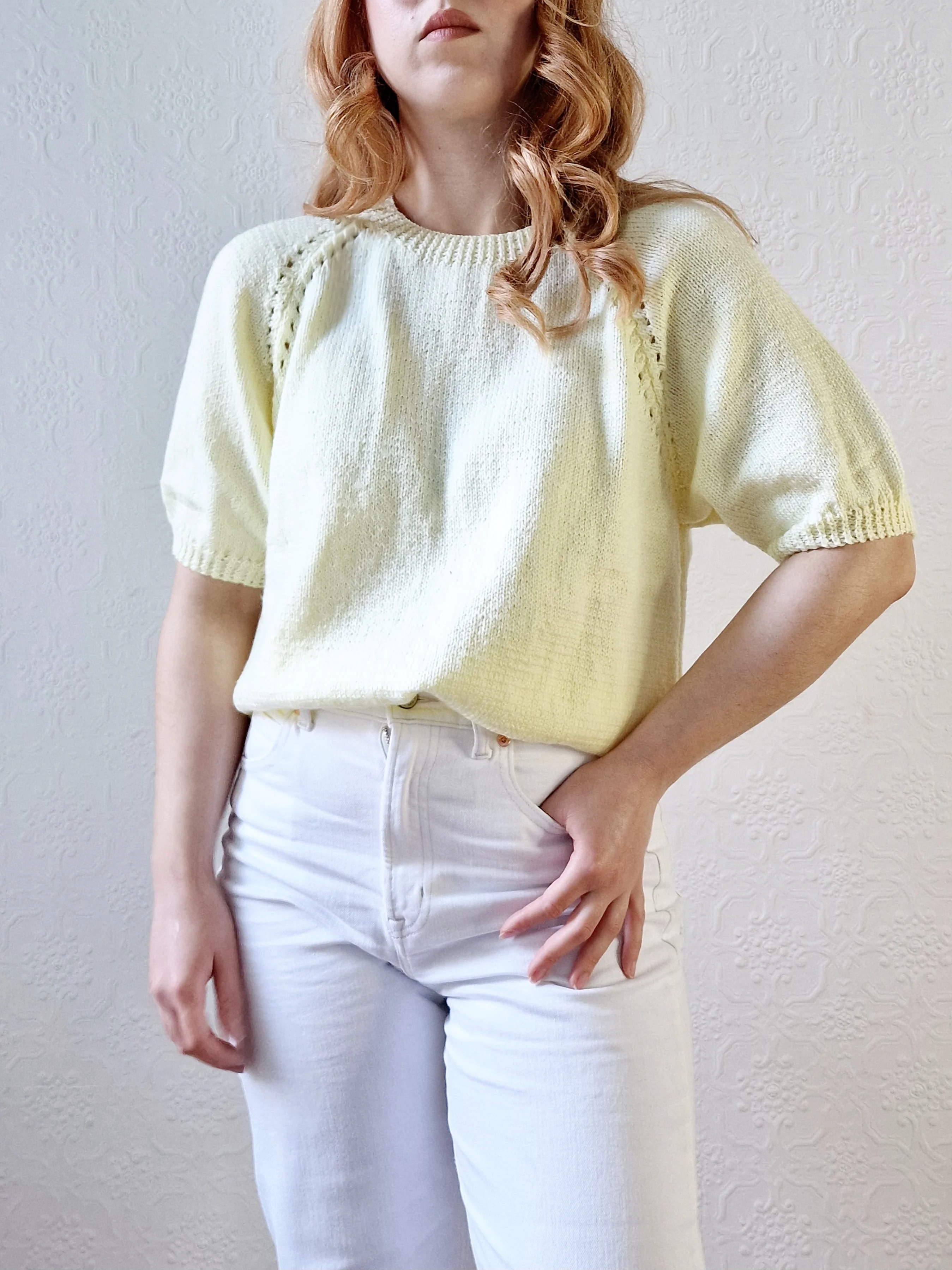 Vintage 80s Lemon Yellow Round Neck Handknitted Jumper Top with Short Sleeves - S/M