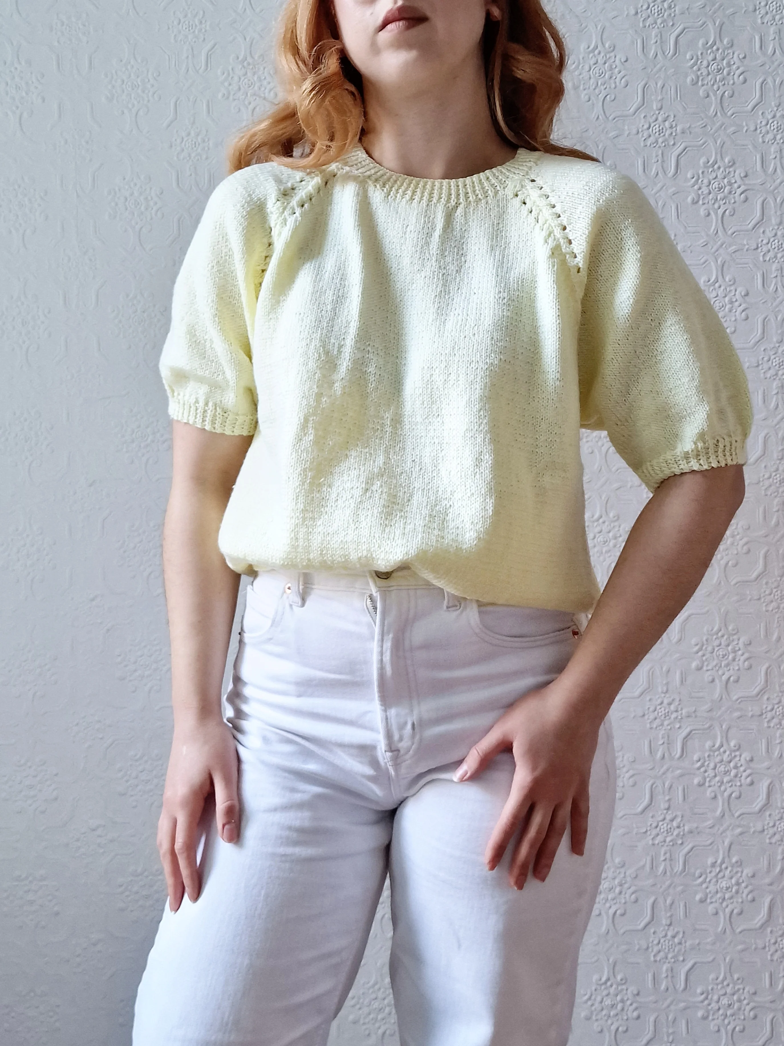 Vintage 80s Lemon Yellow Round Neck Handknitted Jumper Top with Short Sleeves - S/M - Image 10