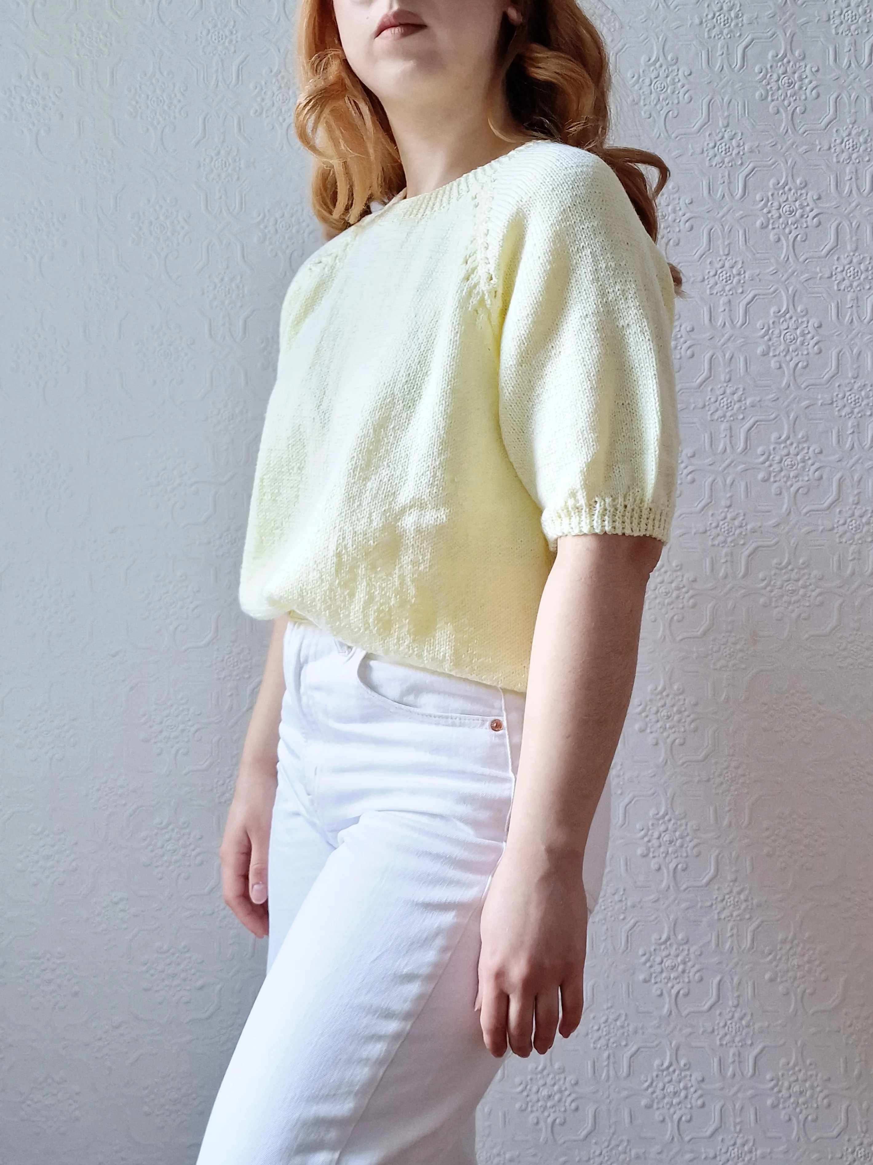 Vintage 80s Lemon Yellow Round Neck Handknitted Jumper Top with Short Sleeves - S/M - Image 11