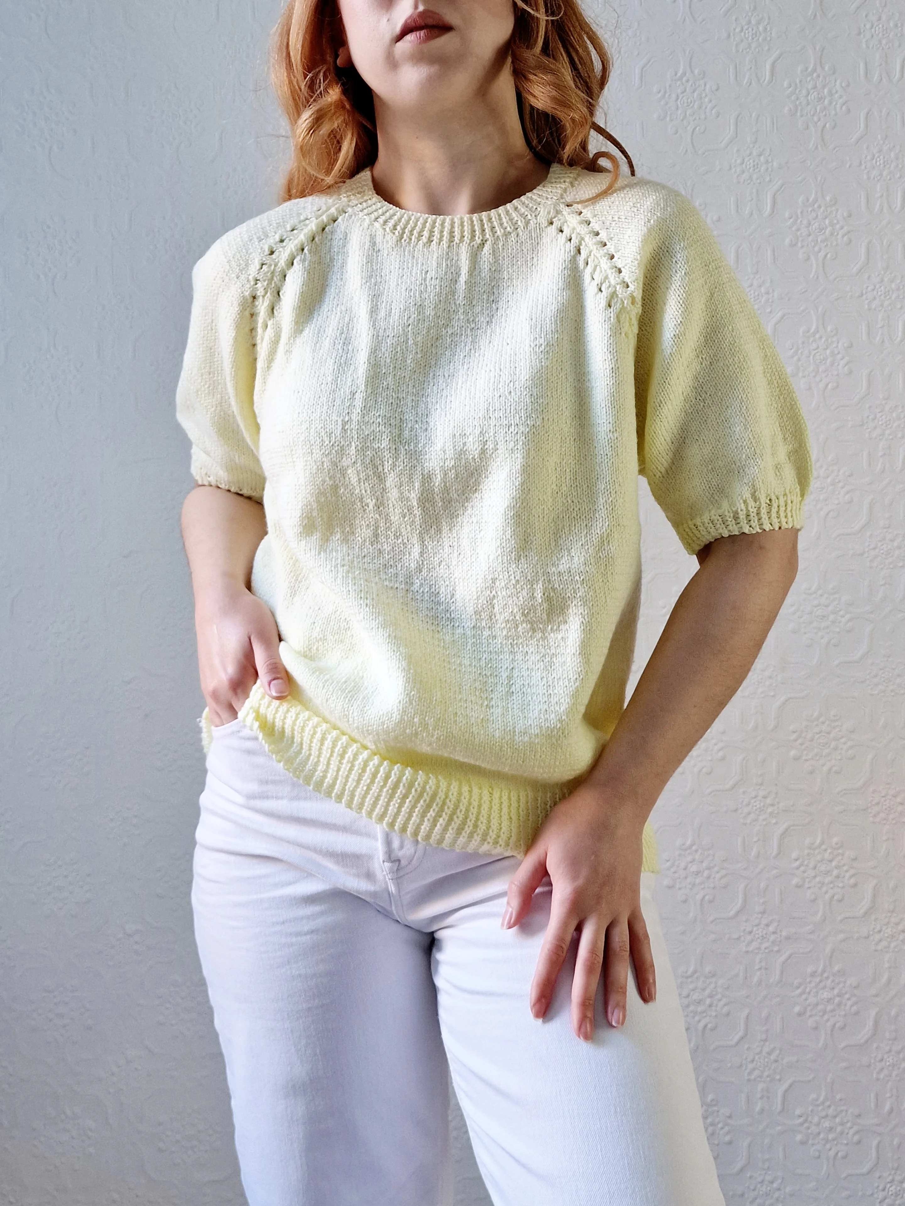 Vintage 80s Lemon Yellow Round Neck Handknitted Jumper Top with Short Sleeves - S/M - Image 12