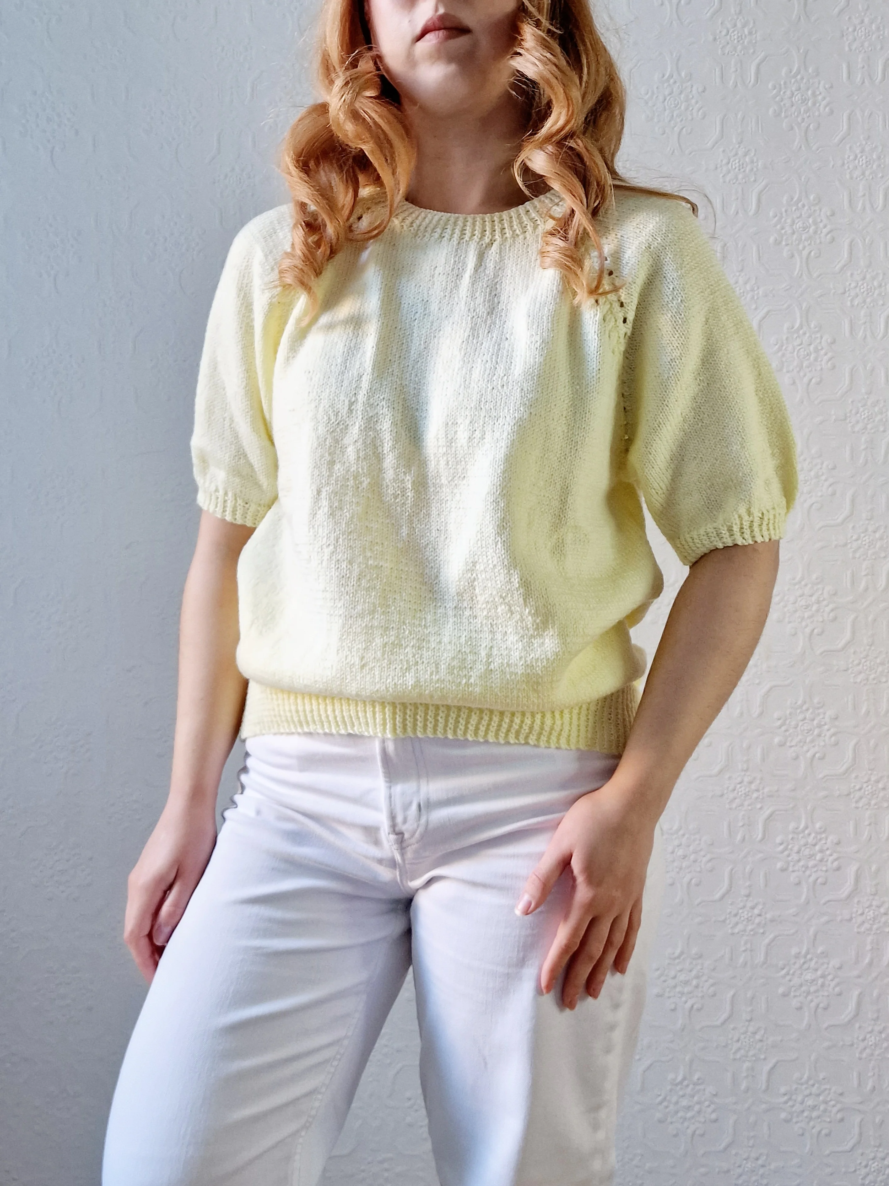 Vintage 80s Lemon Yellow Round Neck Handknitted Jumper Top with Short Sleeves - S/M - Image 2
