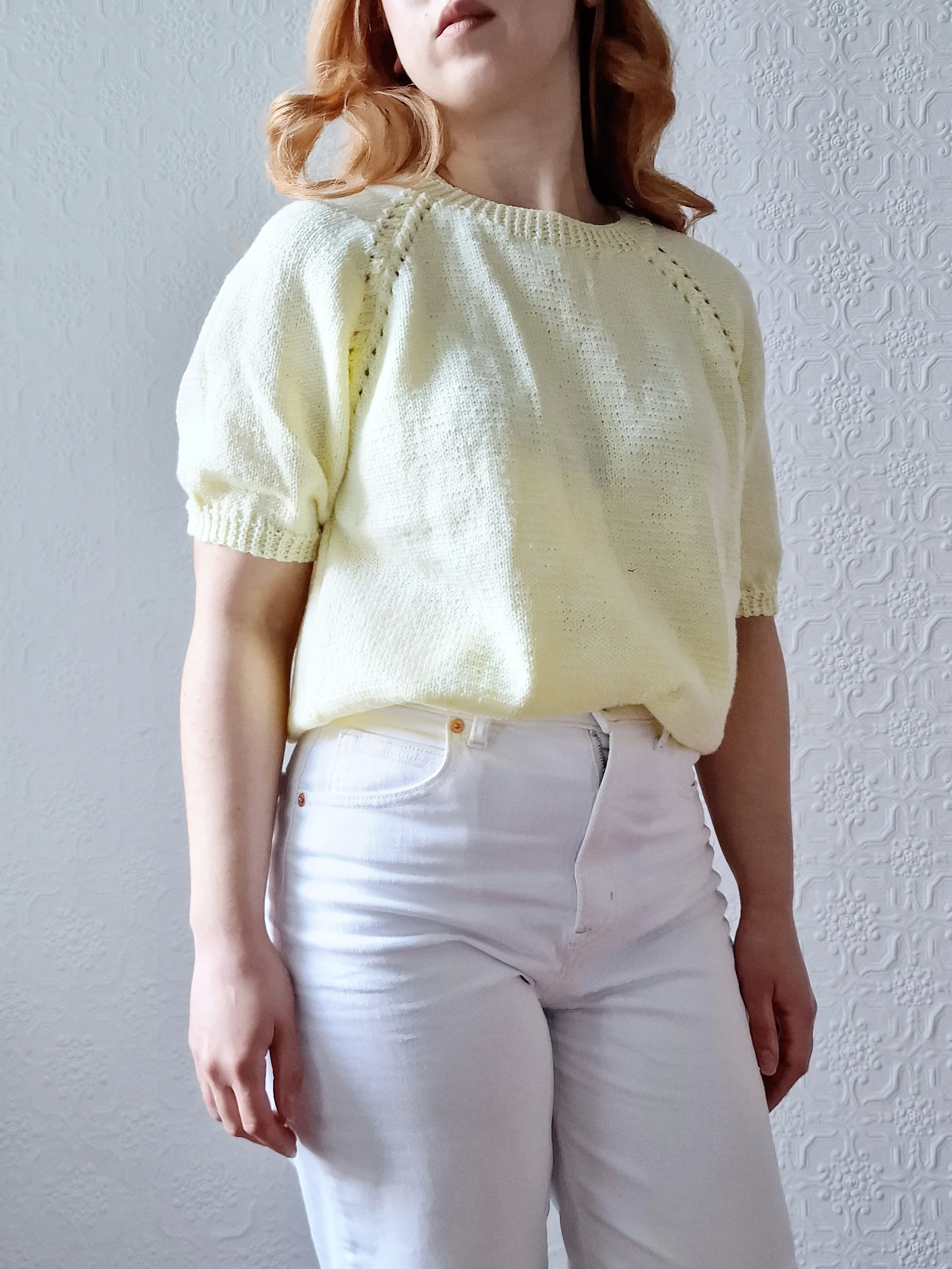 Vintage 80s Lemon Yellow Round Neck Handknitted Jumper Top with Short Sleeves - S/M - Image 3
