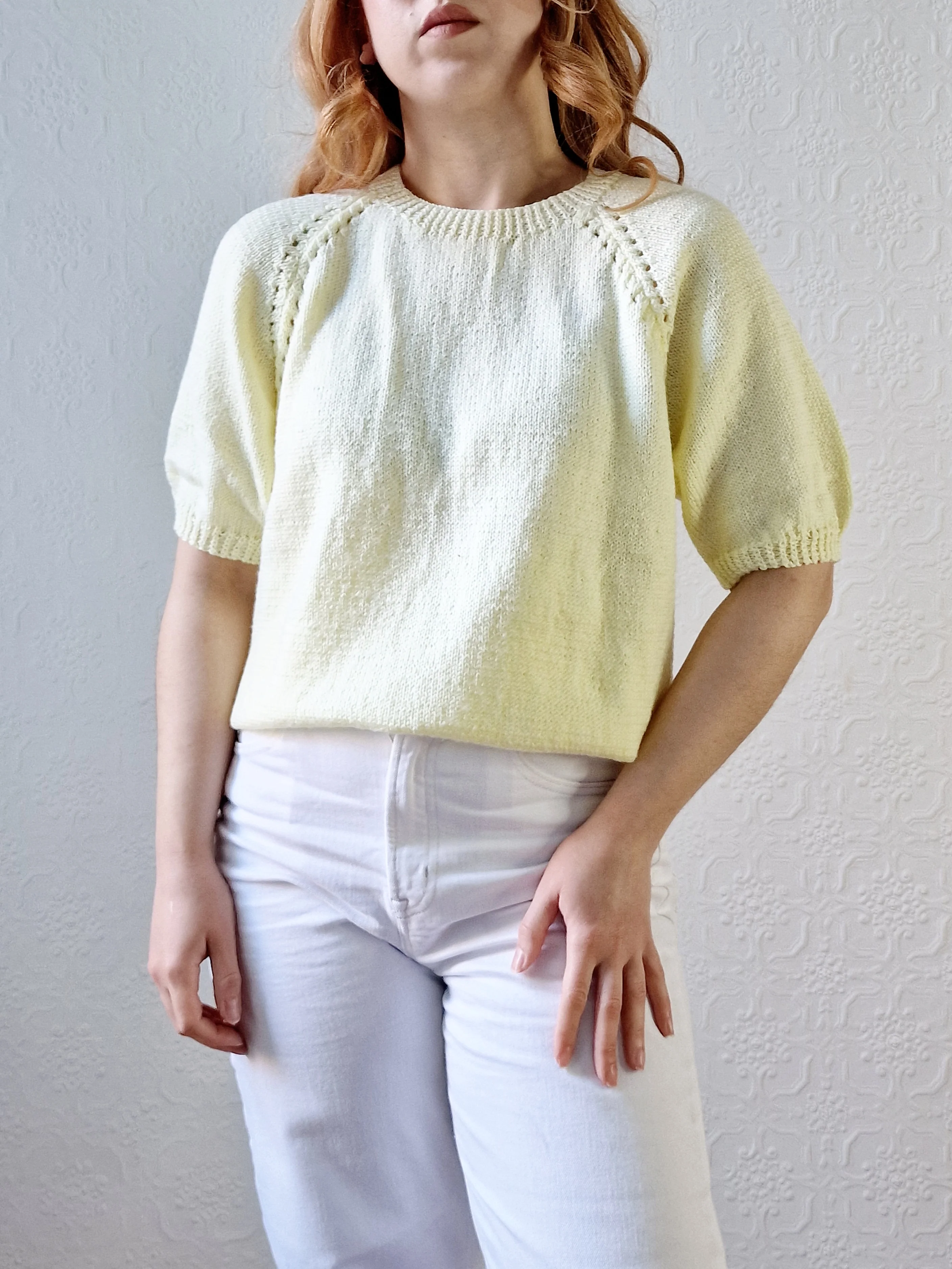 Vintage 80s Lemon Yellow Round Neck Handknitted Jumper Top with Short Sleeves - S/M - Image 4