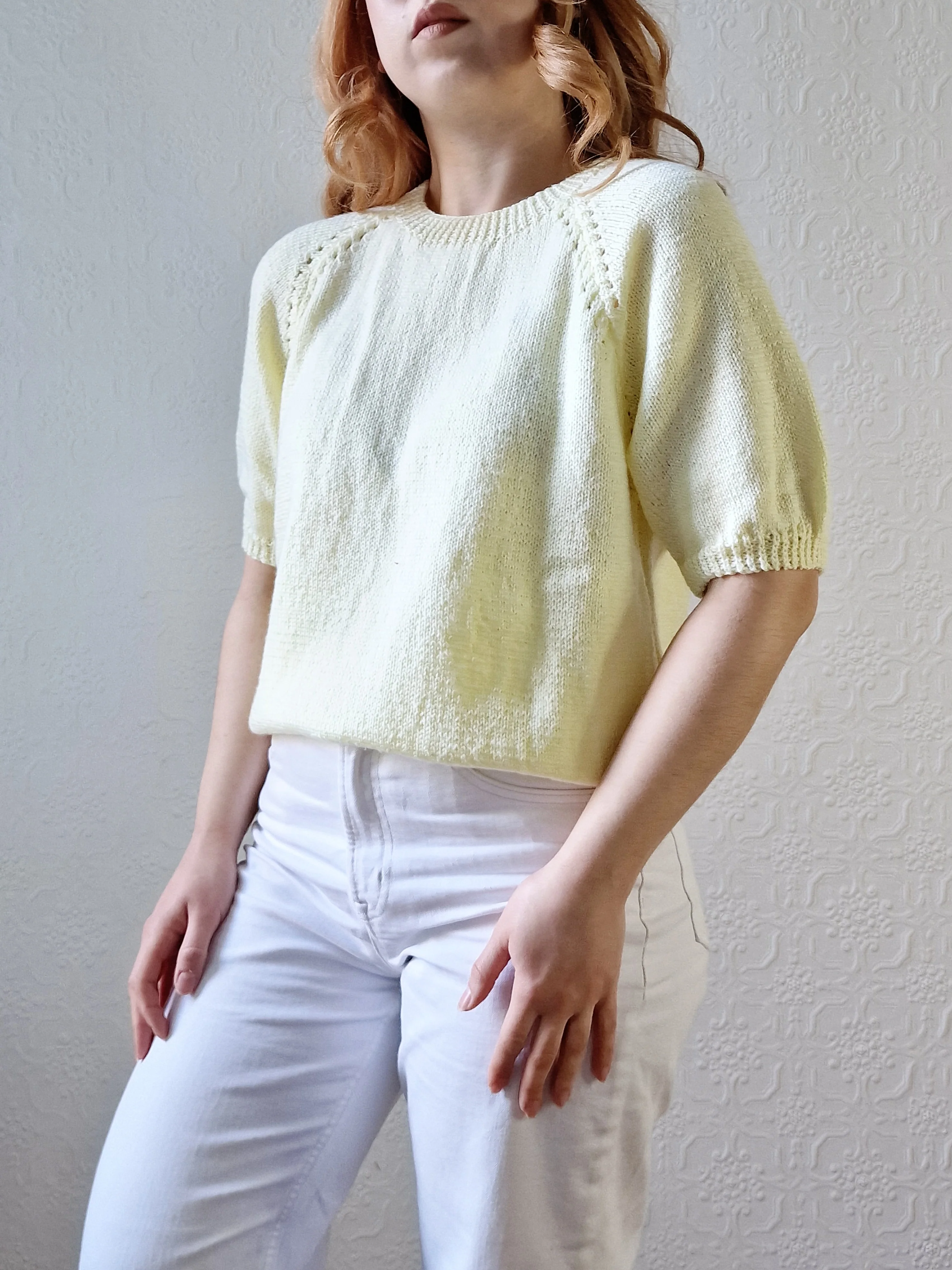 Vintage 80s Lemon Yellow Round Neck Handknitted Jumper Top with Short Sleeves - S/M - Image 5