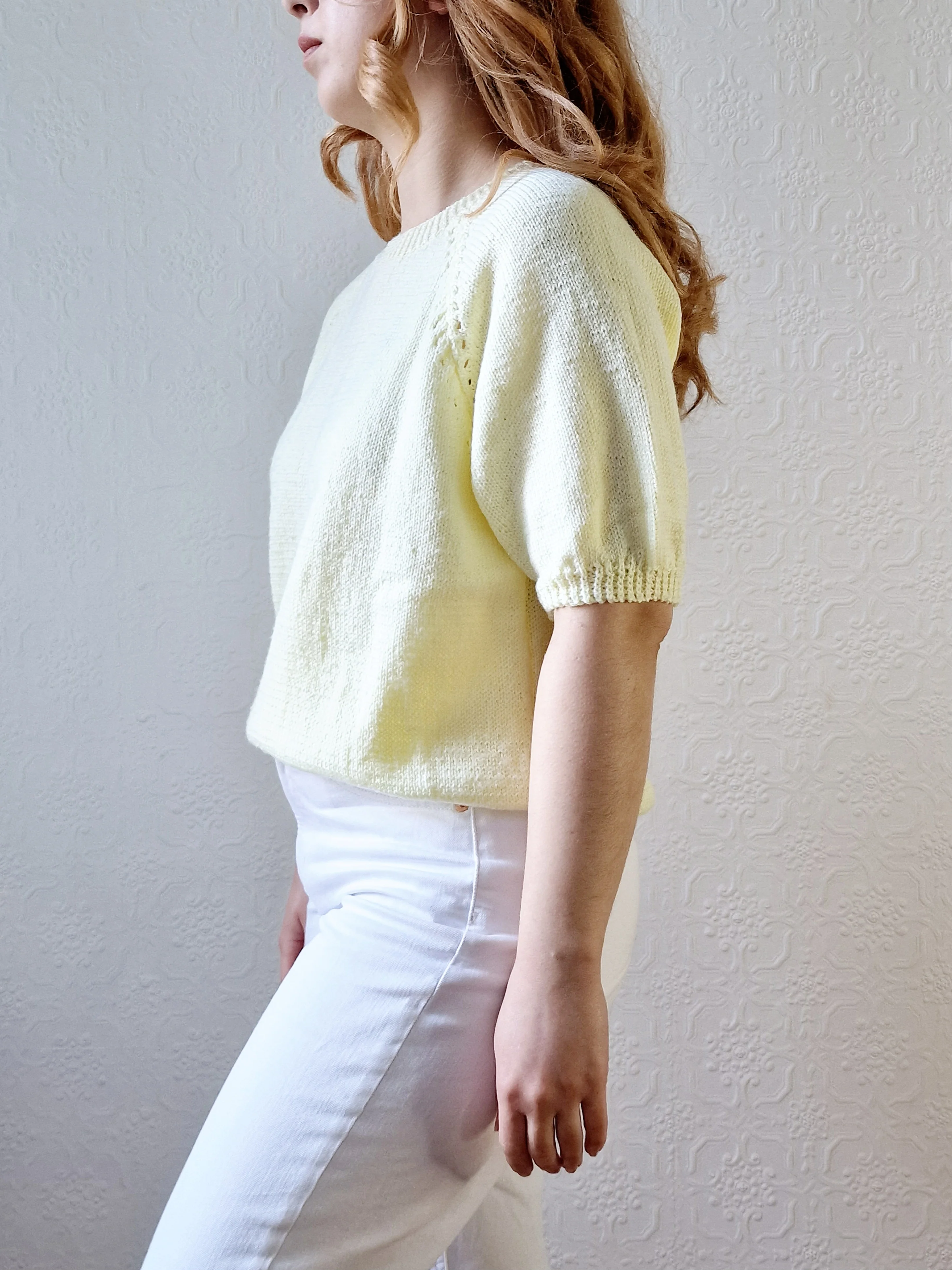 Vintage 80s Lemon Yellow Round Neck Handknitted Jumper Top with Short Sleeves - S/M - Image 6