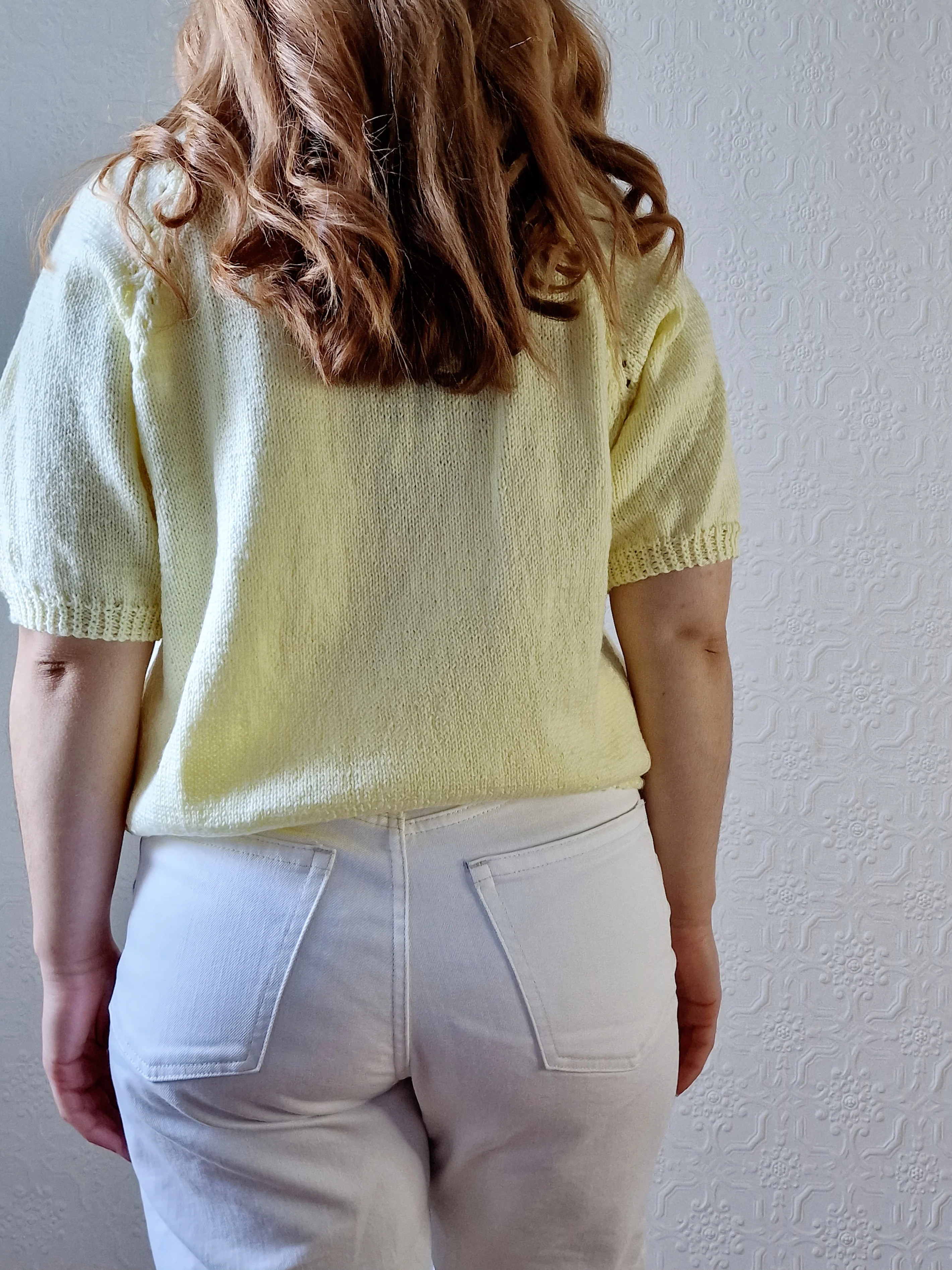Vintage 80s Lemon Yellow Round Neck Handknitted Jumper Top with Short Sleeves - S/M - Image 7