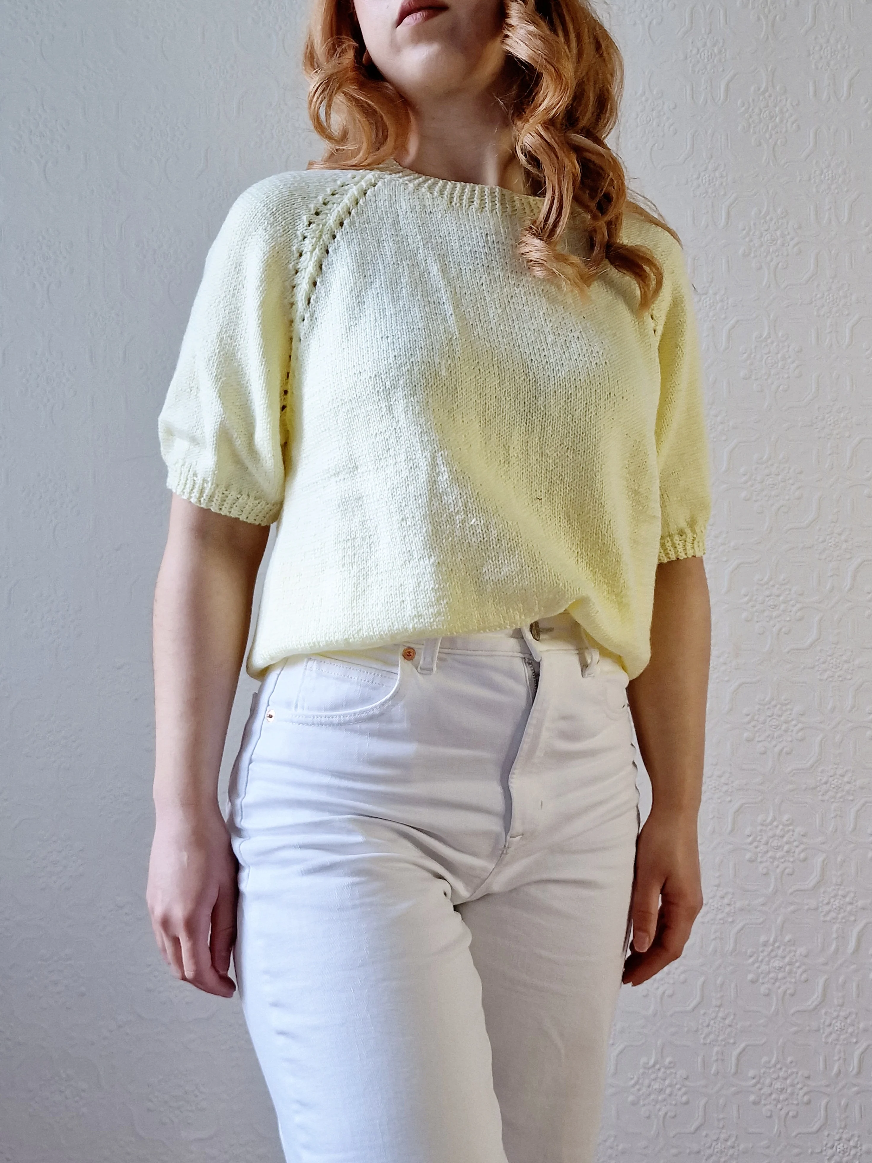 Vintage 80s Lemon Yellow Round Neck Handknitted Jumper Top with Short Sleeves - S/M - Image 8
