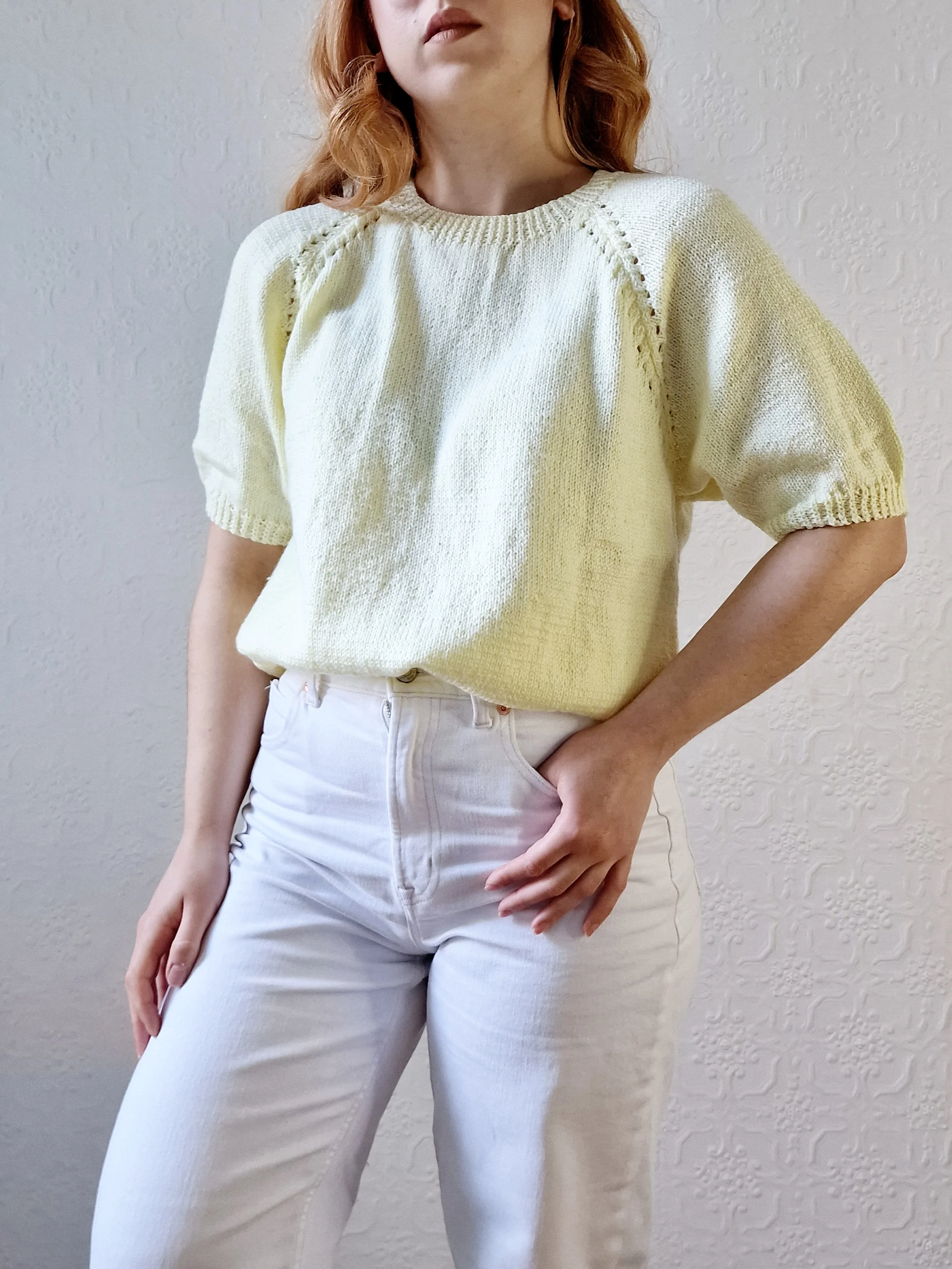 Vintage 80s Lemon Yellow Round Neck Handknitted Jumper Top with Short Sleeves - S/M - Image 9