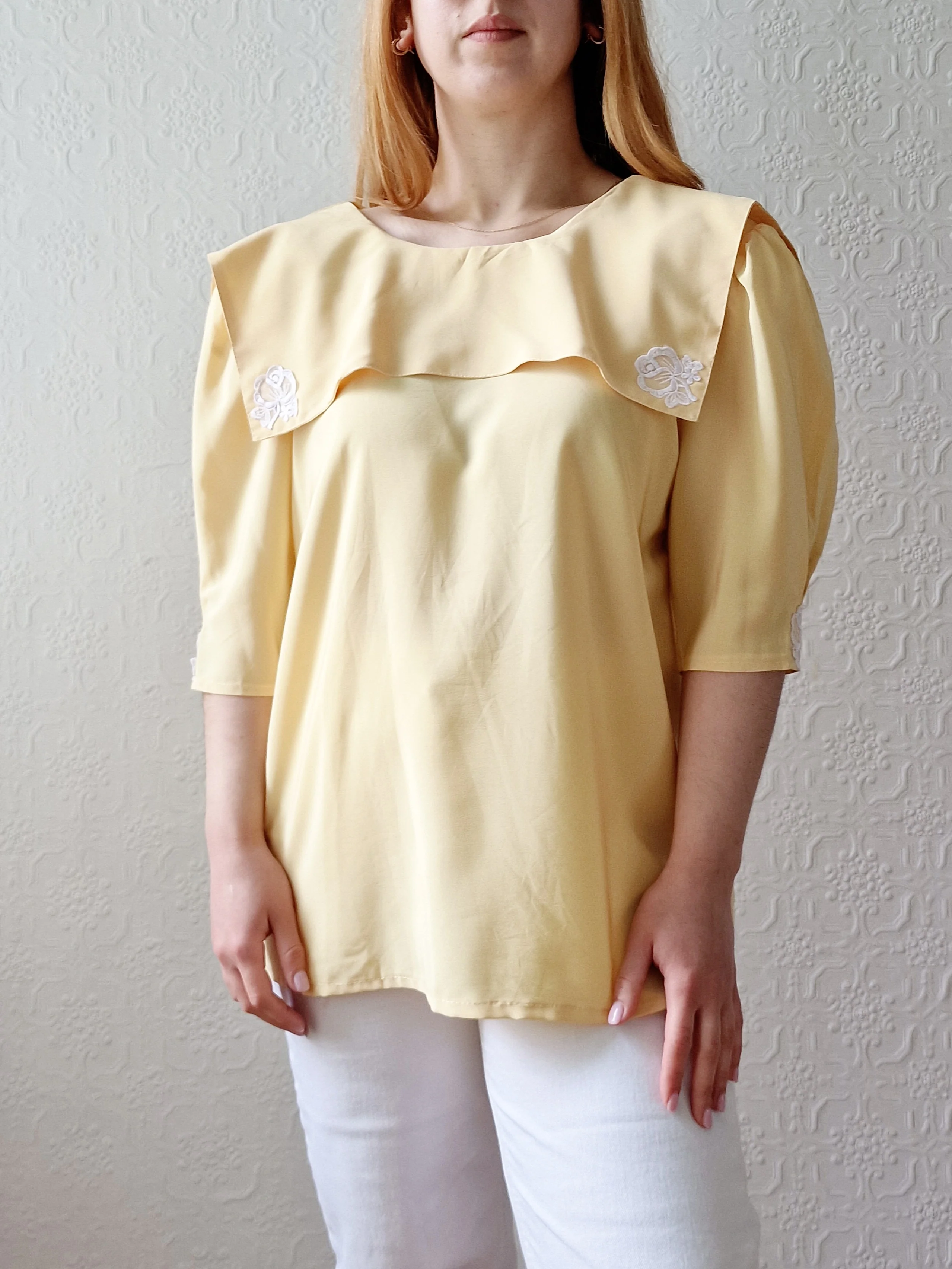 Vintage 80s Lemon Yellow Statement Collar Blouse - M - Image 2