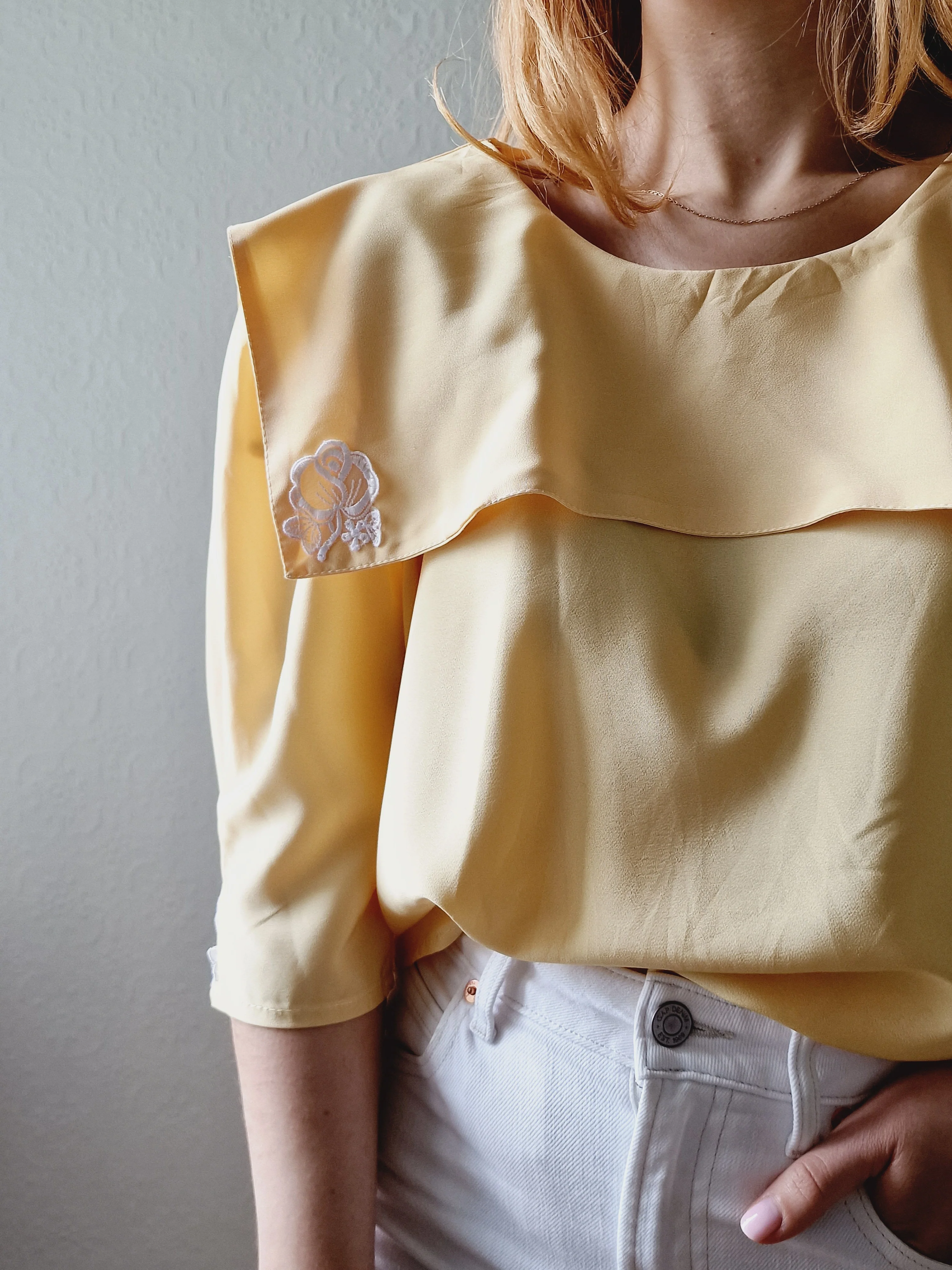 Vintage 80s Lemon Yellow Statement Collar Blouse - M - Image 3