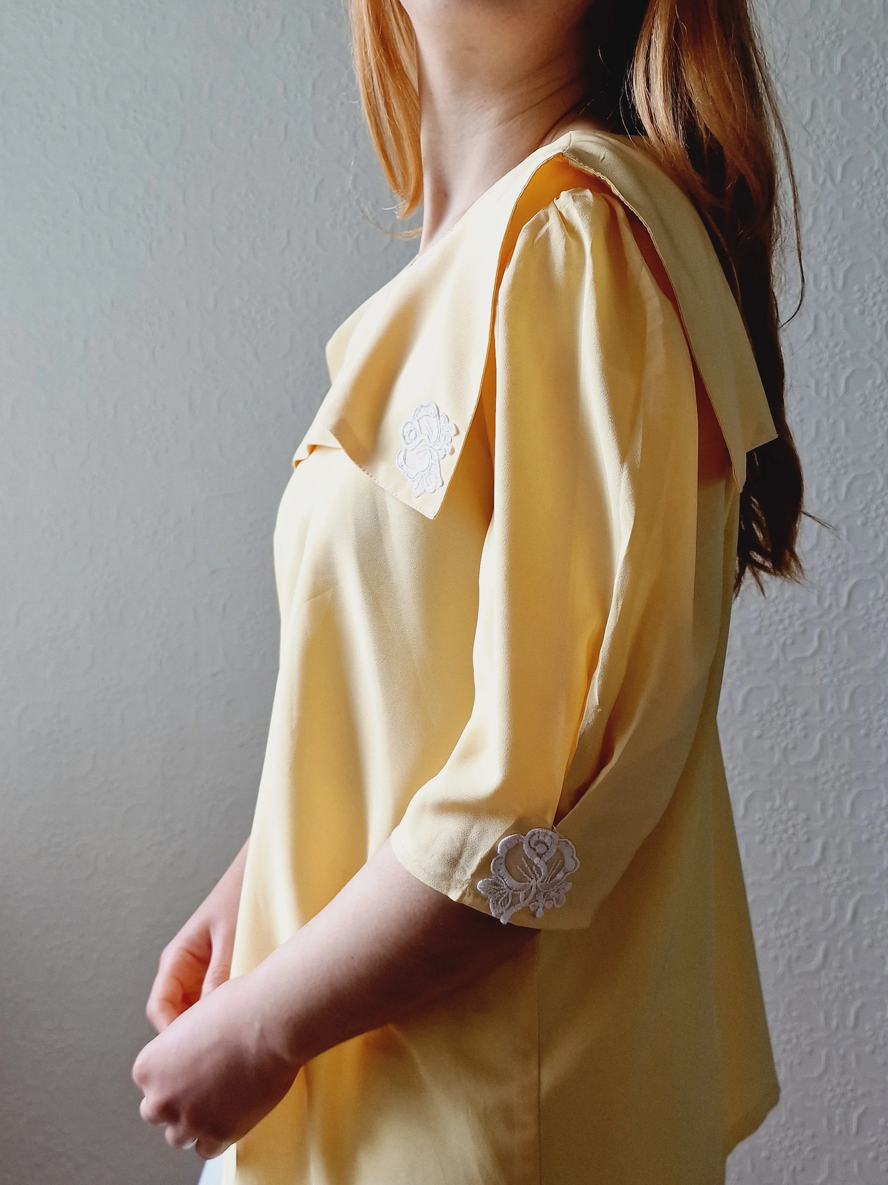 Vintage 80s Lemon Yellow Statement Collar Blouse - M - Image 4