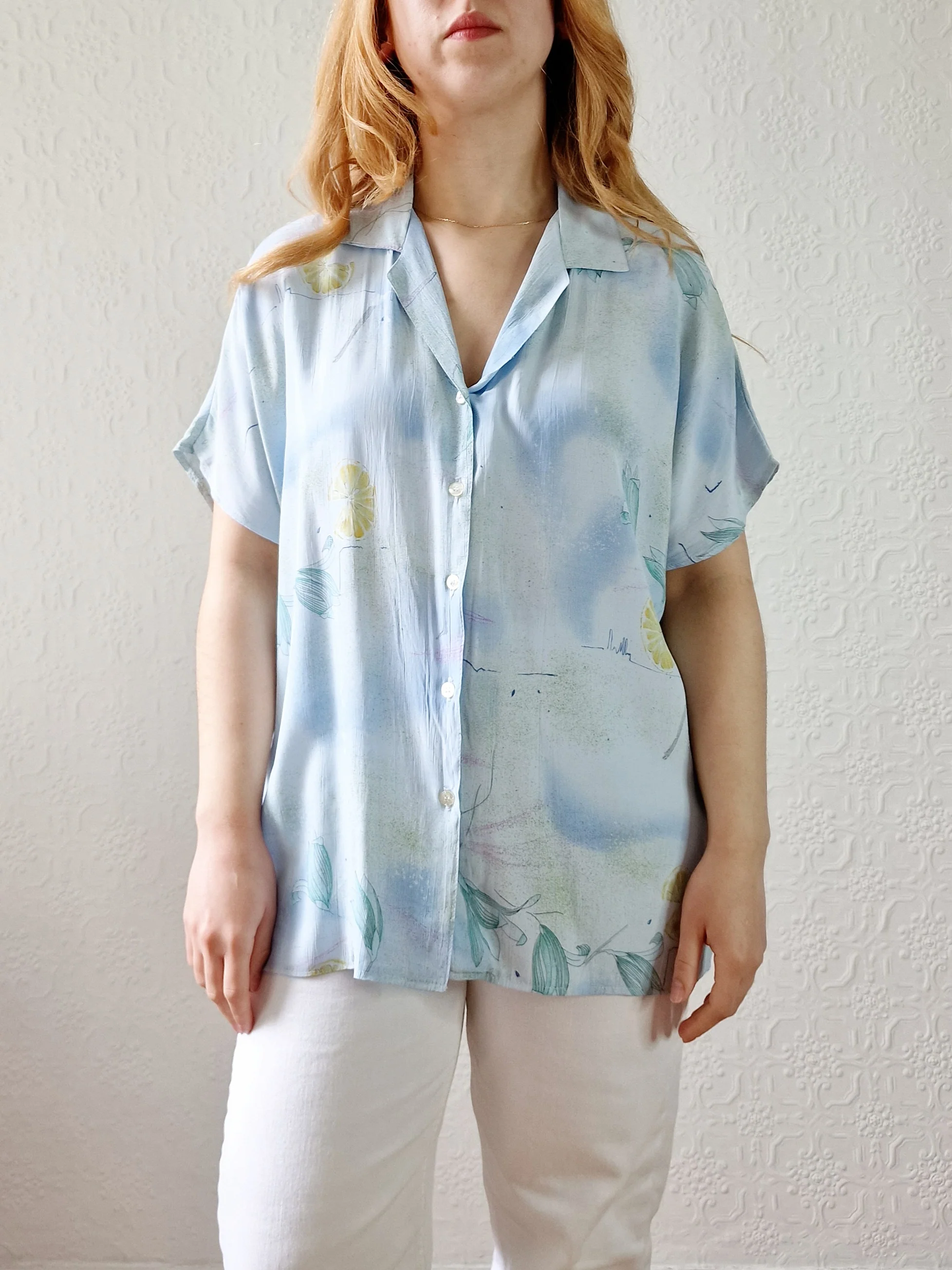 Vintage 80s Light Blue Blouse with Cap Sleeves - M - Image 2