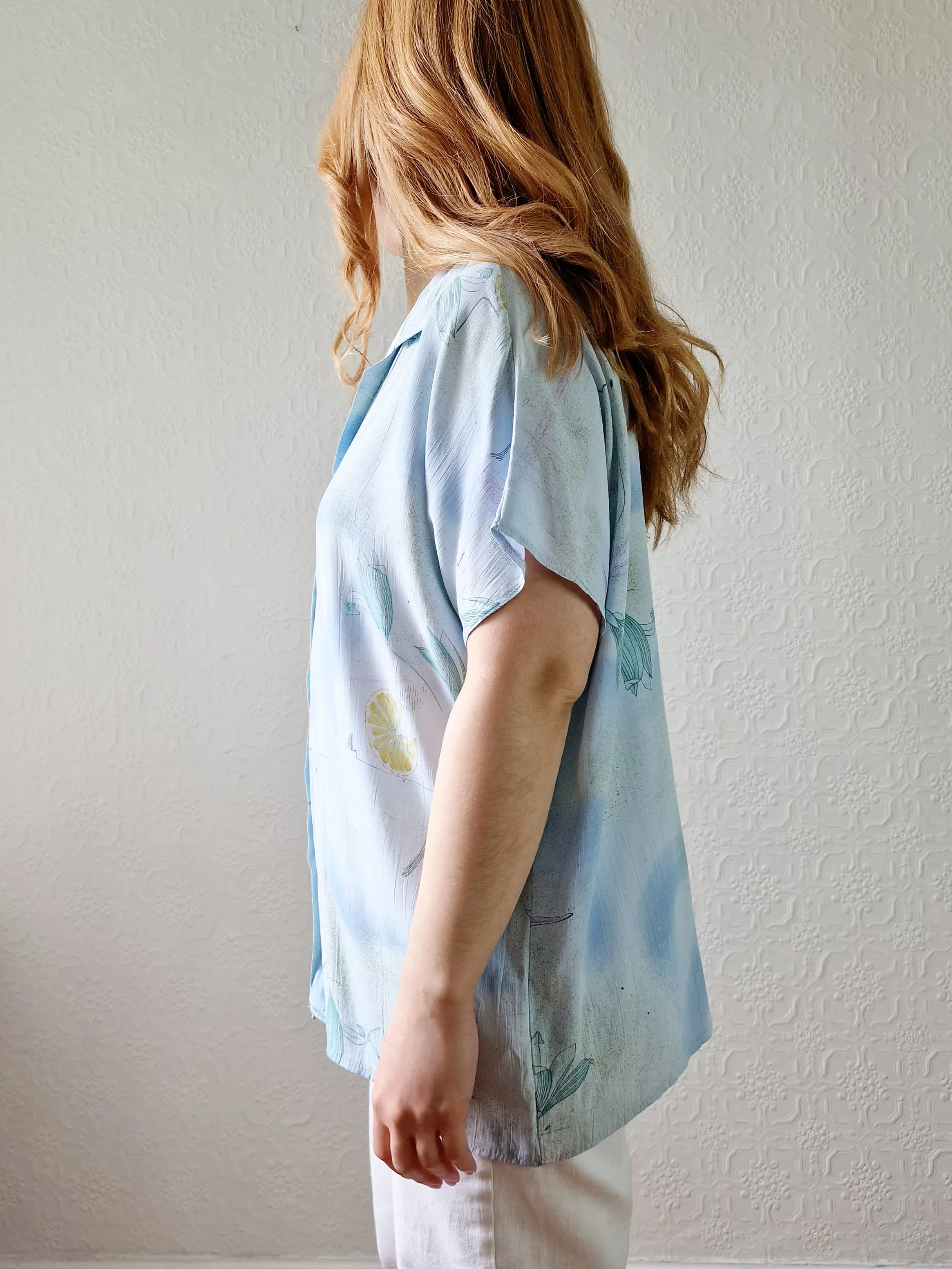 Vintage 80s Light Blue Blouse with Cap Sleeves - M - Image 3