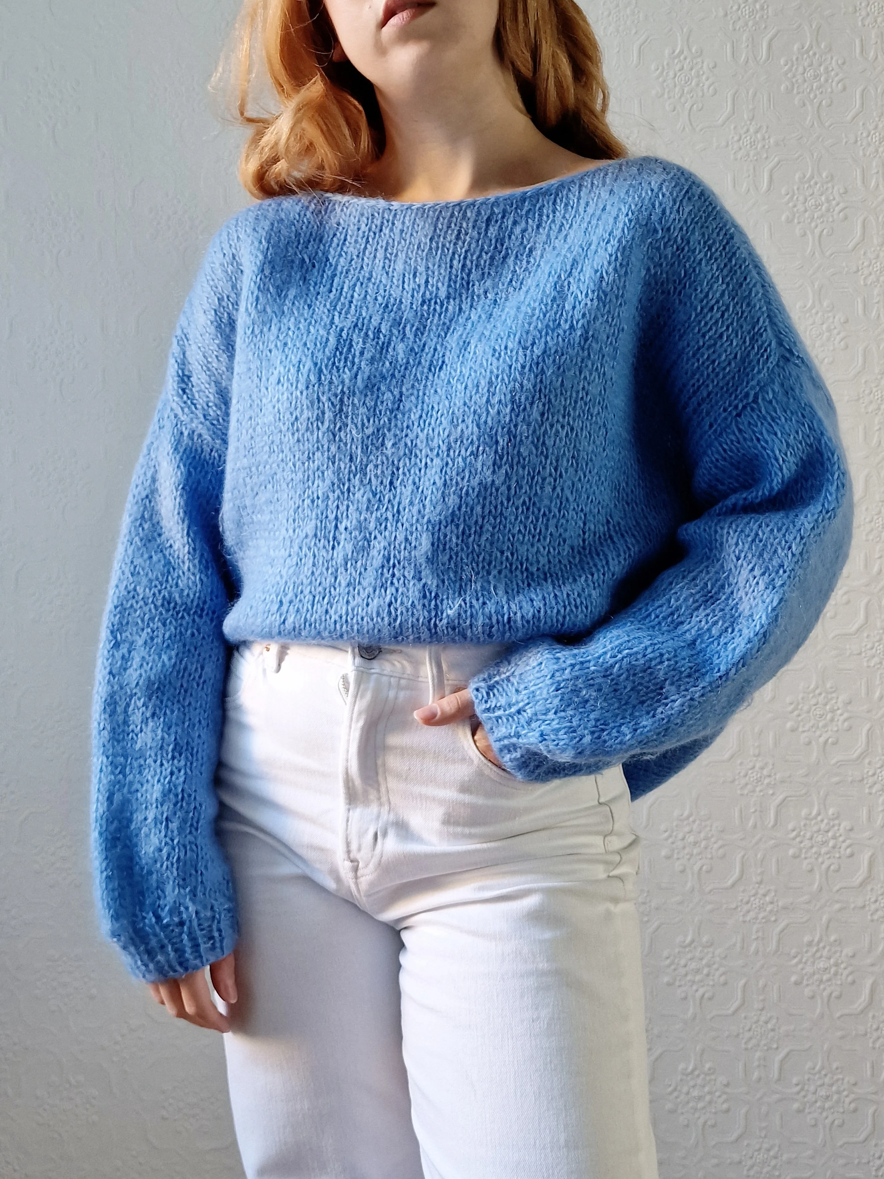 Vintage 80s Light Blue Mohair Jumper with Boat Neck - XL - Image 2