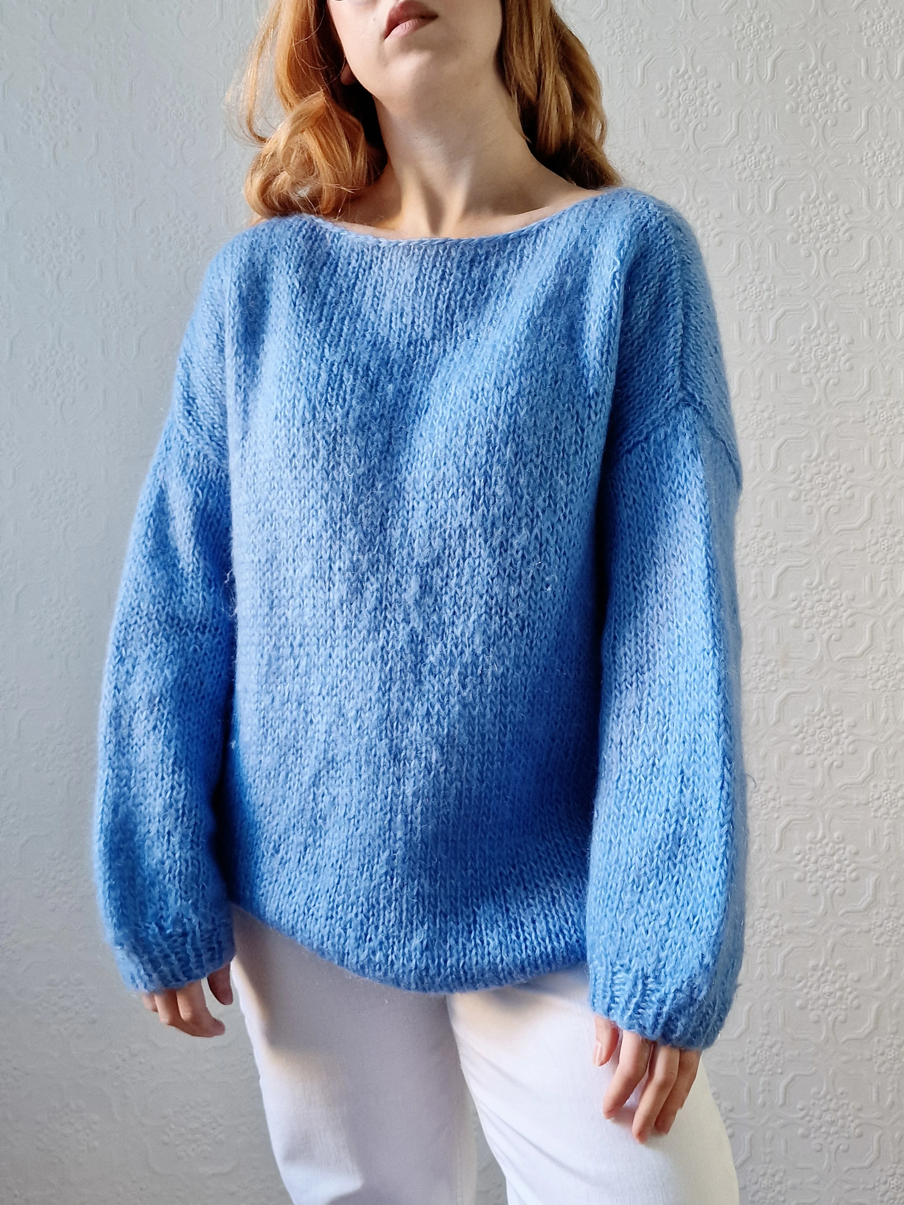 Vintage 80s Light Blue Mohair Jumper with Boat Neck - XL - Image 3