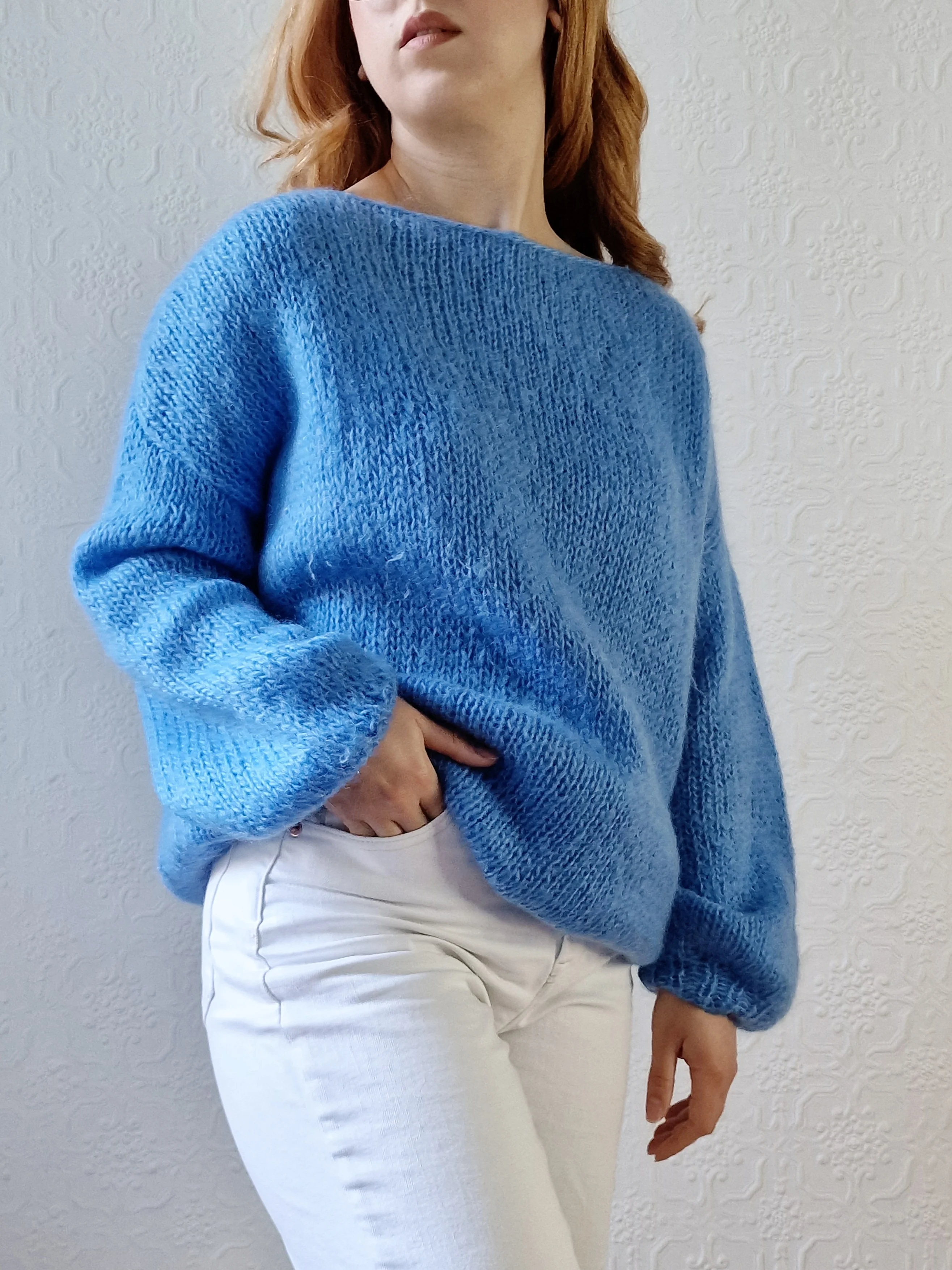 Vintage 80s Light Blue Mohair Jumper with Boat Neck - XL - Image 5