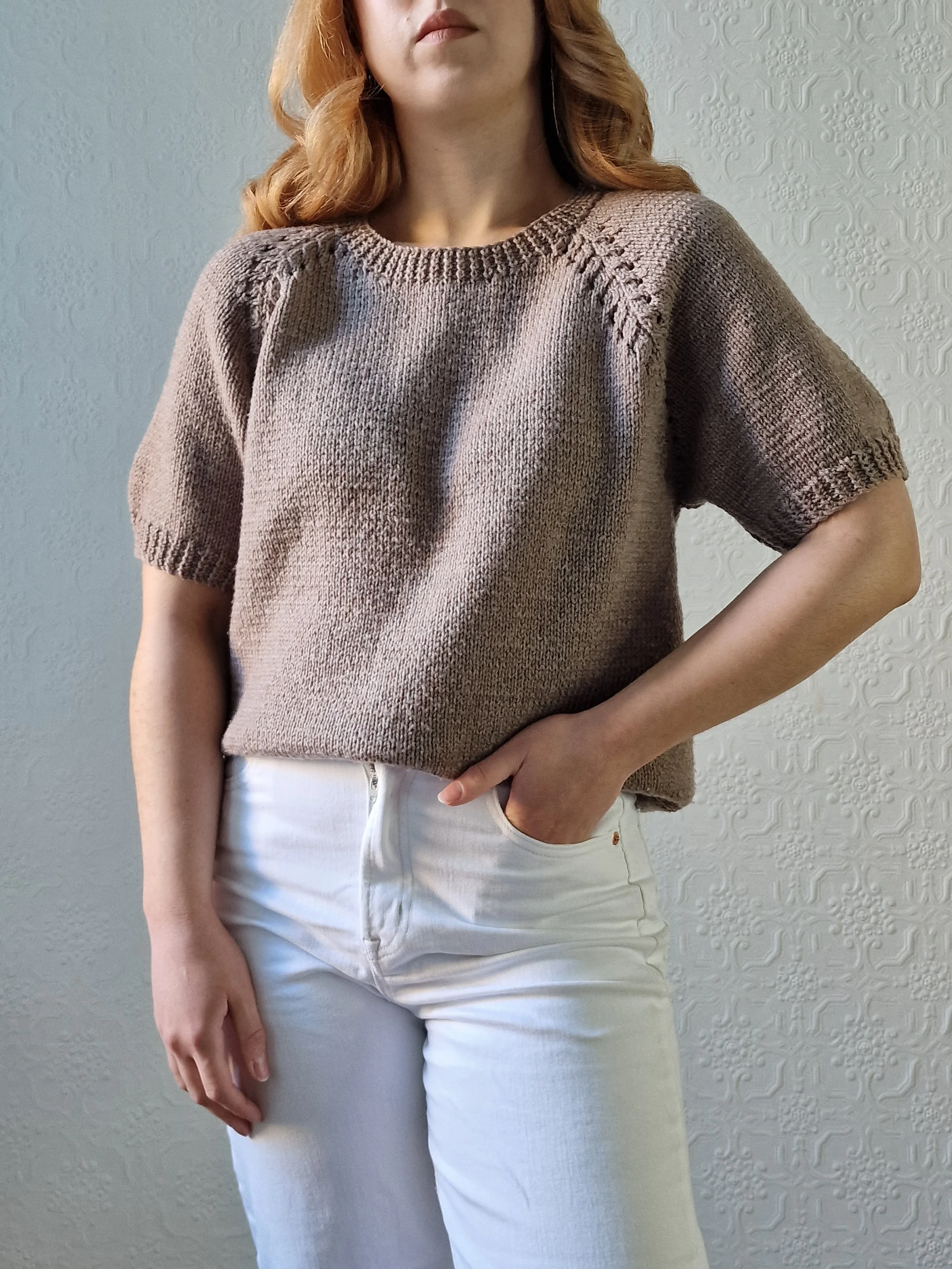 Vintage 80s Light Brown Round Neck Handknitted Jumper Top with Short Sleeves - S/M - Image 10