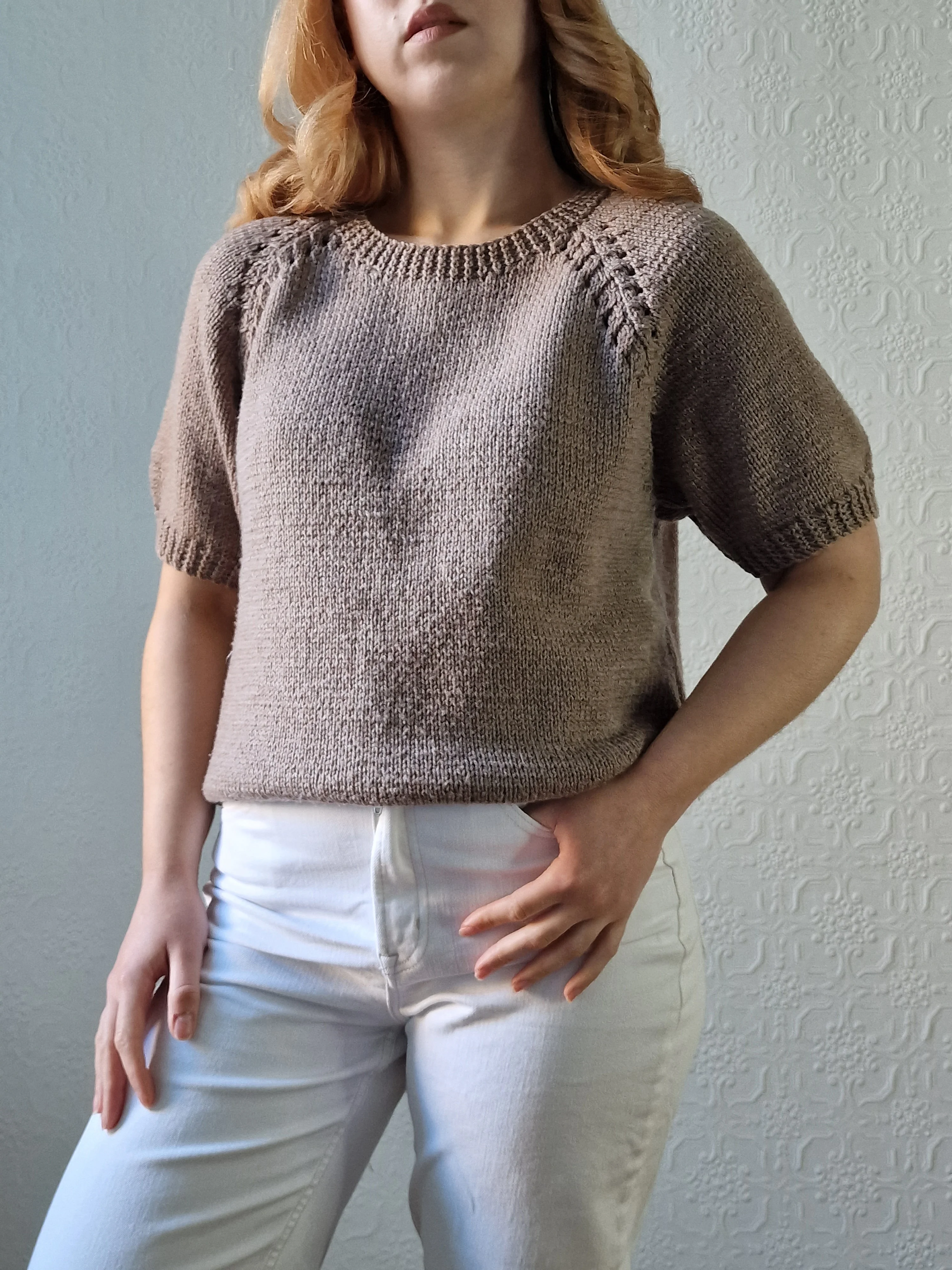 Vintage 80s Light Brown Round Neck Handknitted Jumper Top with Short Sleeves - S/M - Image 11
