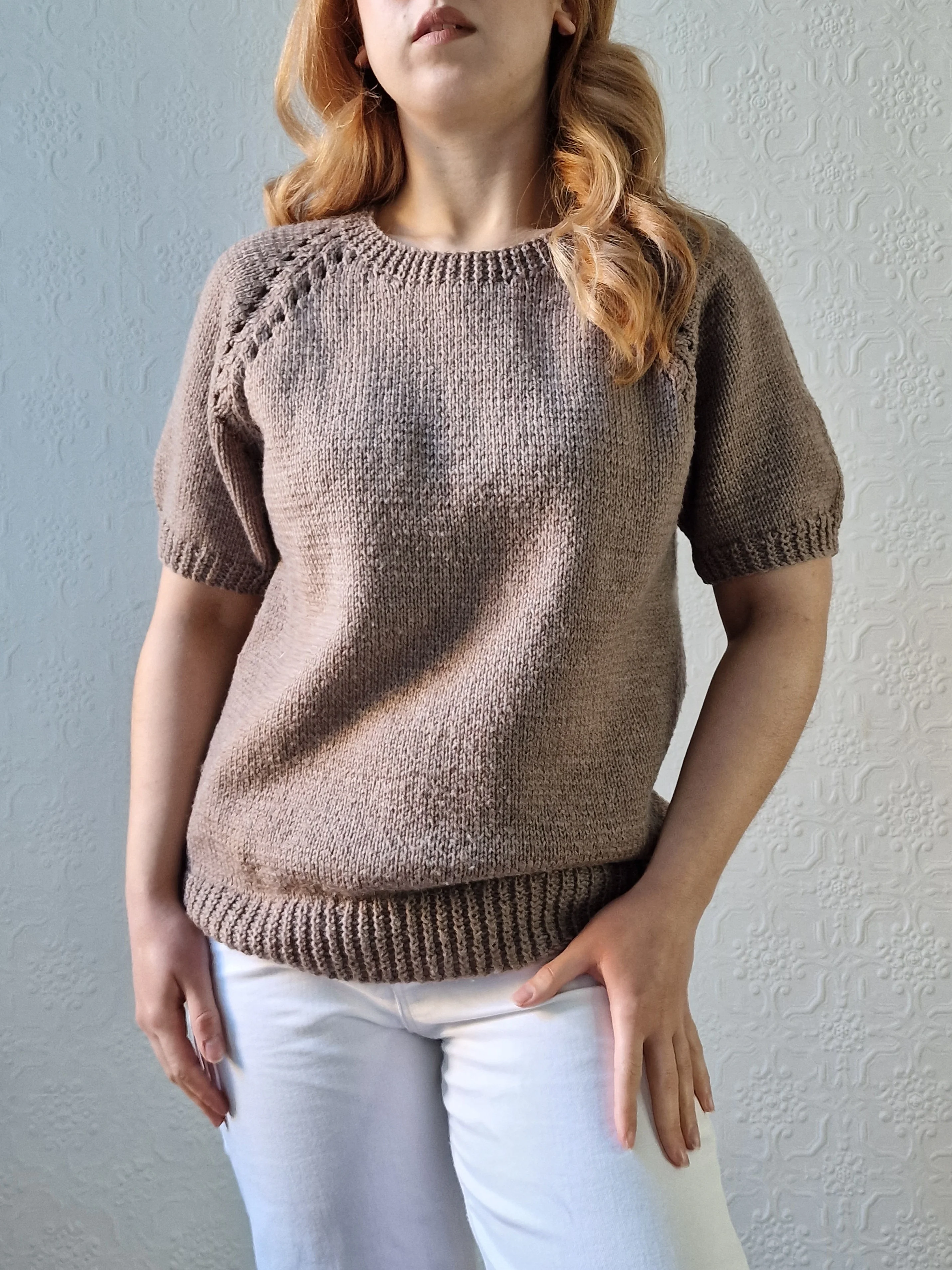 Vintage 80s Light Brown Round Neck Handknitted Jumper Top with Short Sleeves - S/M - Image 2