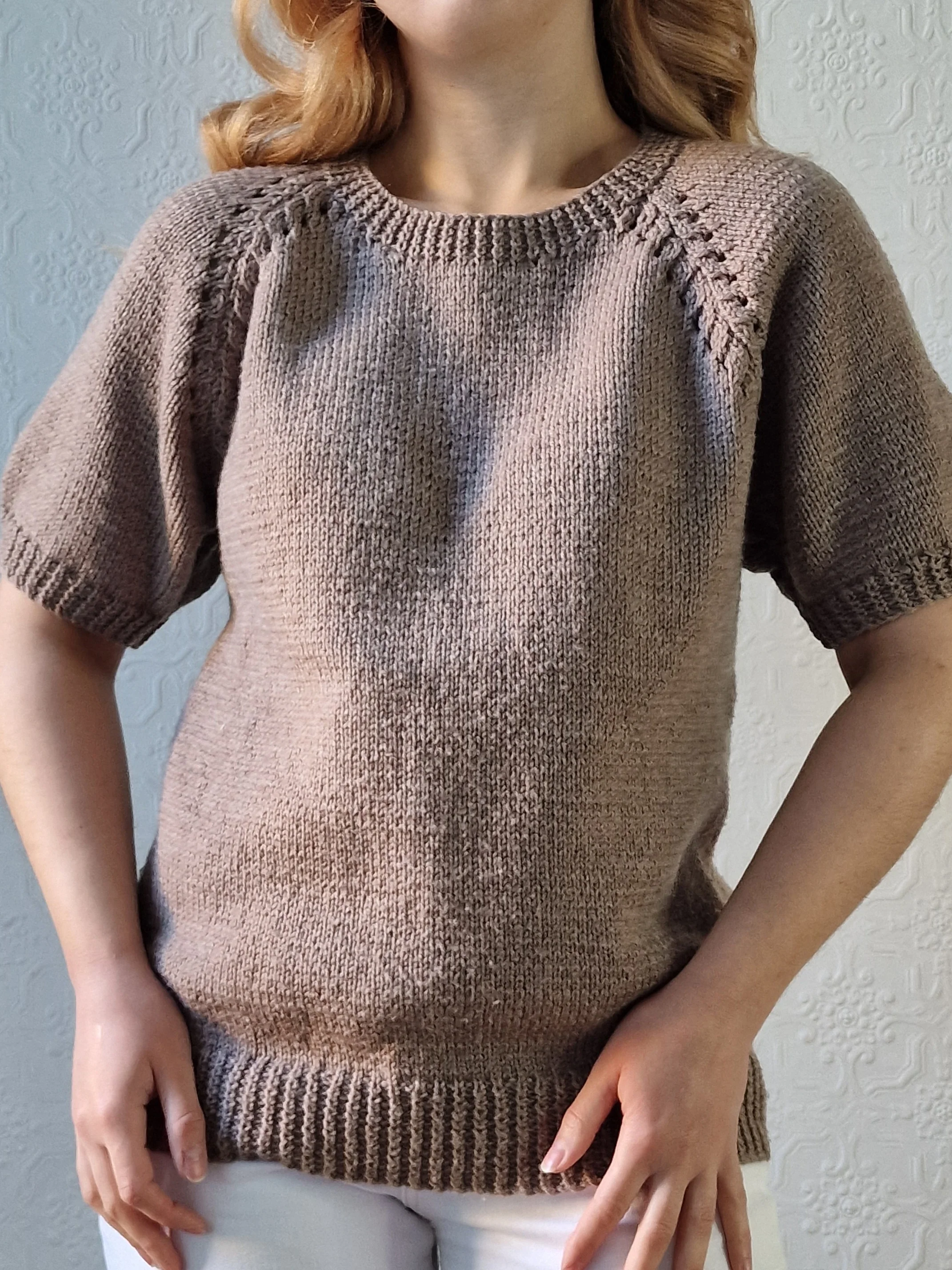 Vintage 80s Light Brown Round Neck Handknitted Jumper Top with Short Sleeves - S/M - Image 3