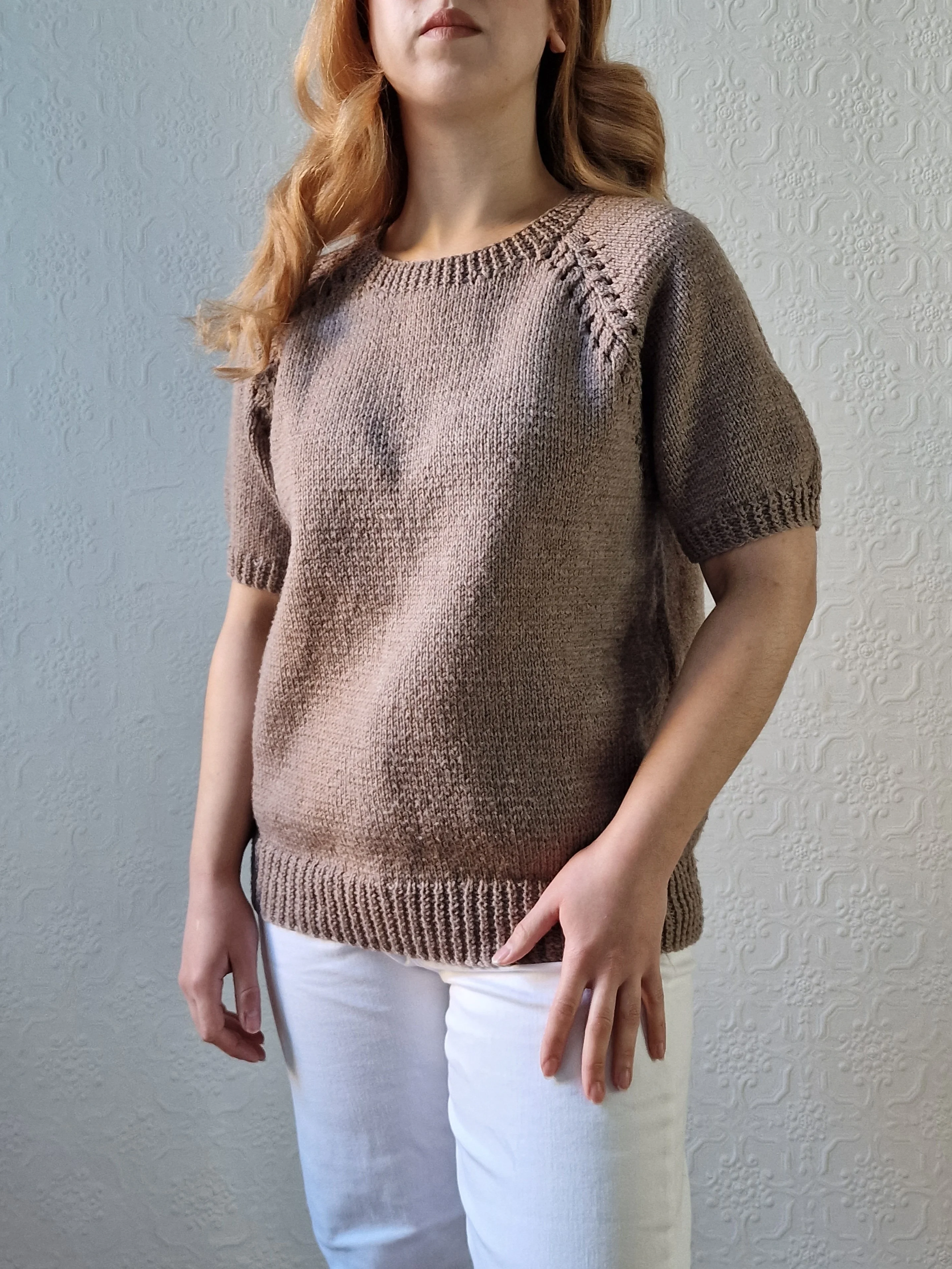 Vintage 80s Light Brown Round Neck Handknitted Jumper Top with Short Sleeves - S/M - Image 4