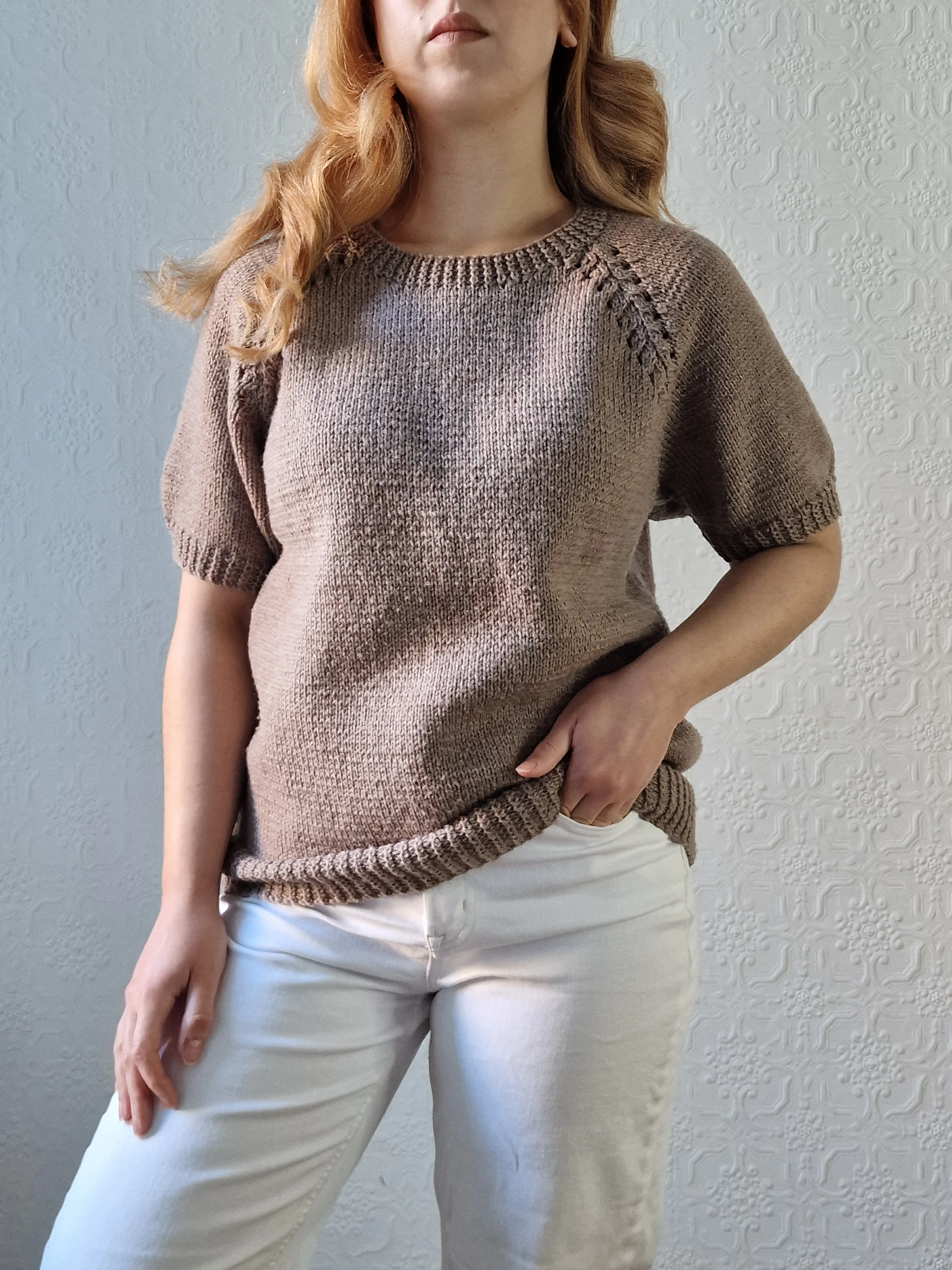 Vintage 80s Light Brown Round Neck Handknitted Jumper Top with Short Sleeves - S/M - Image 5