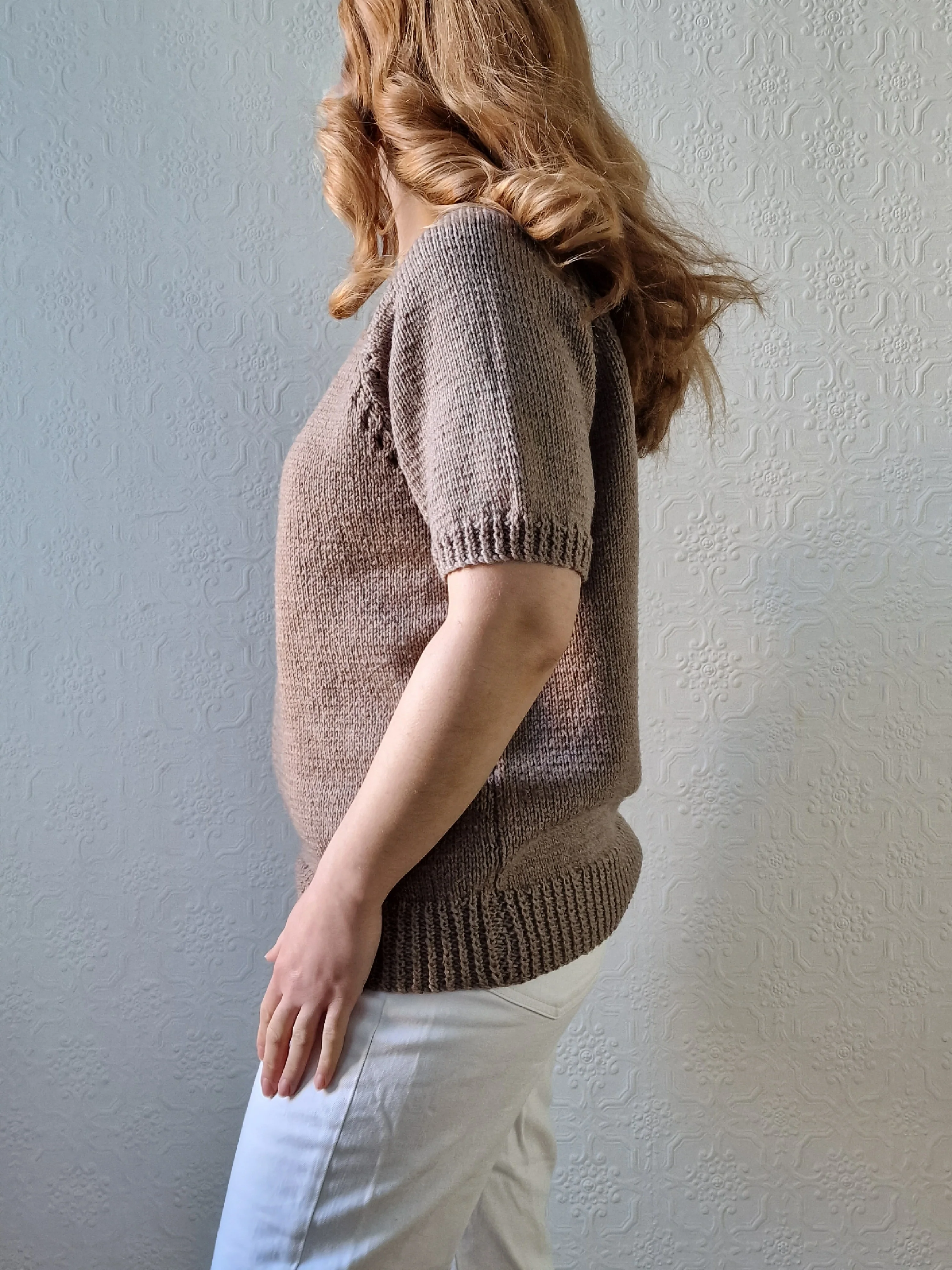 Vintage 80s Light Brown Round Neck Handknitted Jumper Top with Short Sleeves - S/M - Image 6