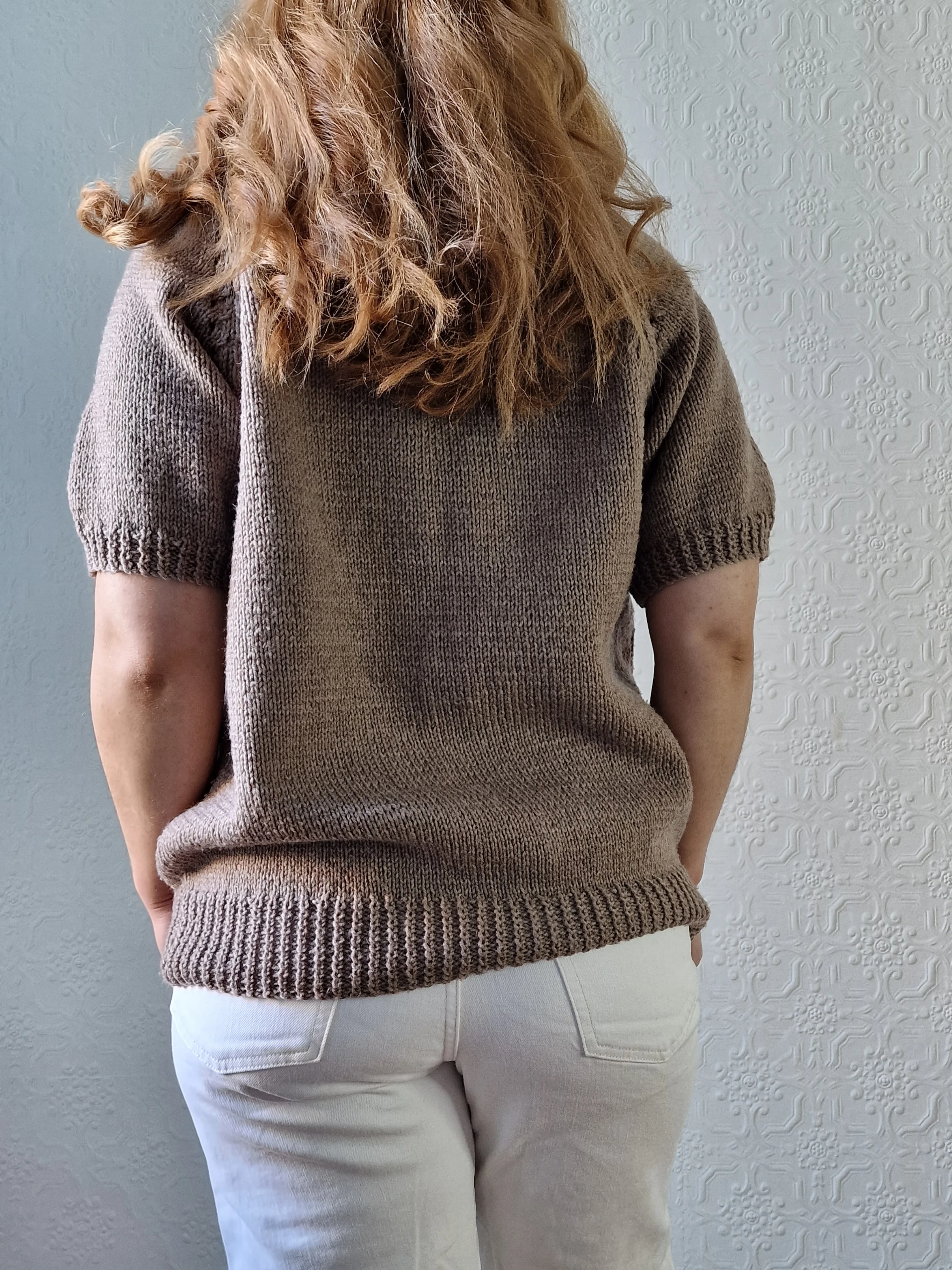 Vintage 80s Light Brown Round Neck Handknitted Jumper Top with Short Sleeves - S/M - Image 7