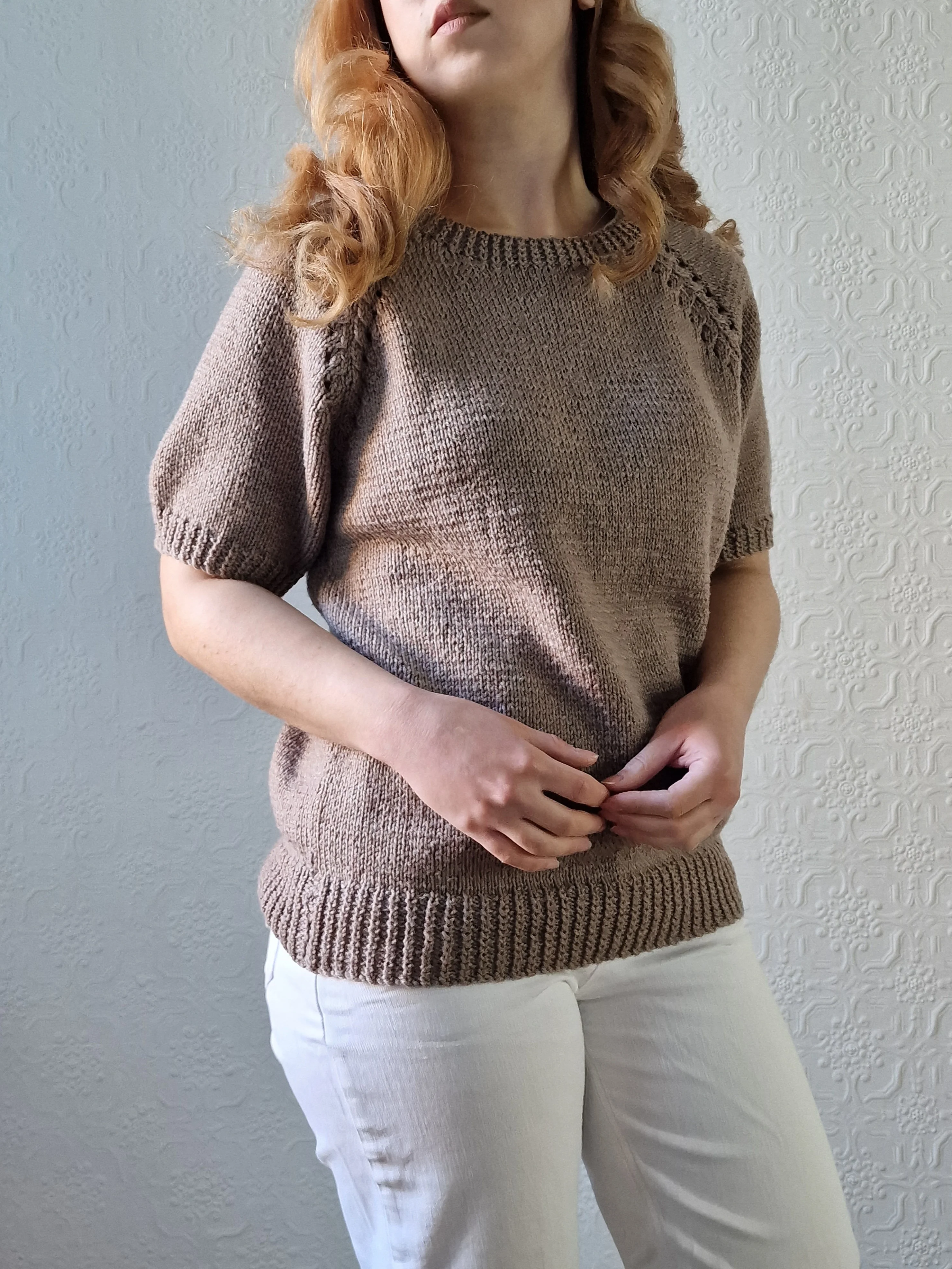 Vintage 80s Light Brown Round Neck Handknitted Jumper Top with Short Sleeves - S/M - Image 8