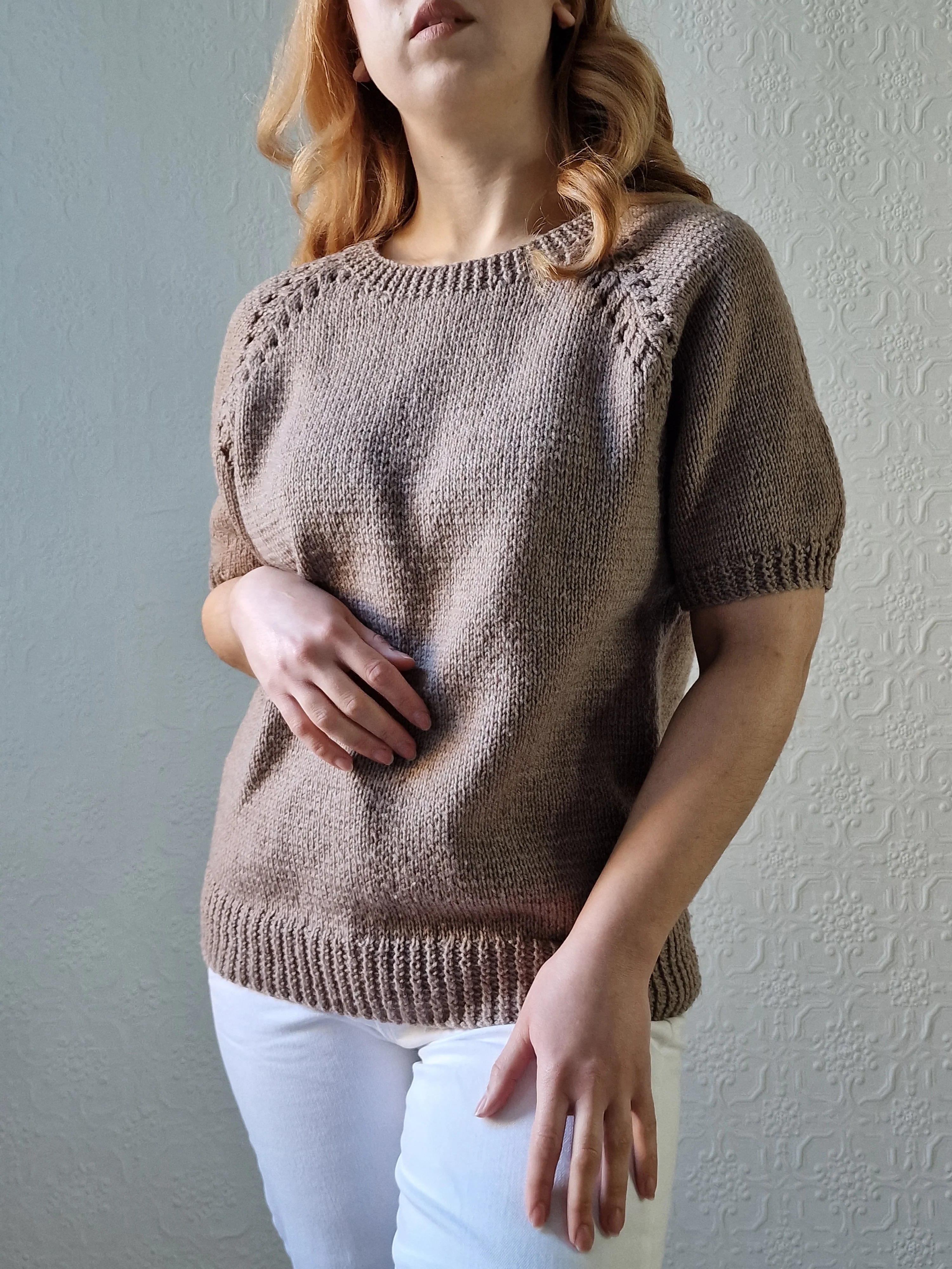 Vintage 80s Light Brown Round Neck Handknitted Jumper Top with Short Sleeves - S/M - Image 9