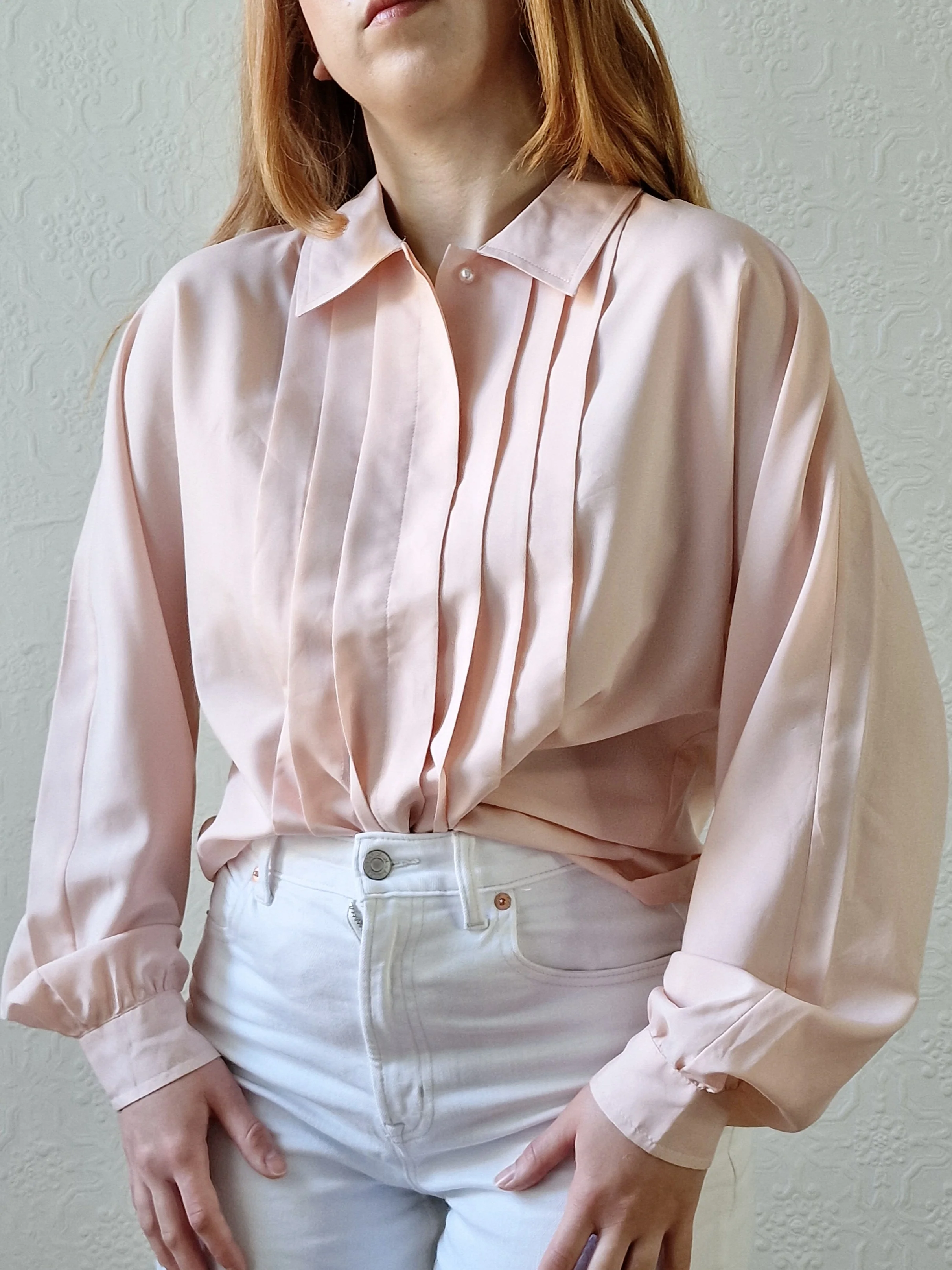 Vintage 80s Light Pink Long Sleeve Blouse With Pleating - S/M - Image 10