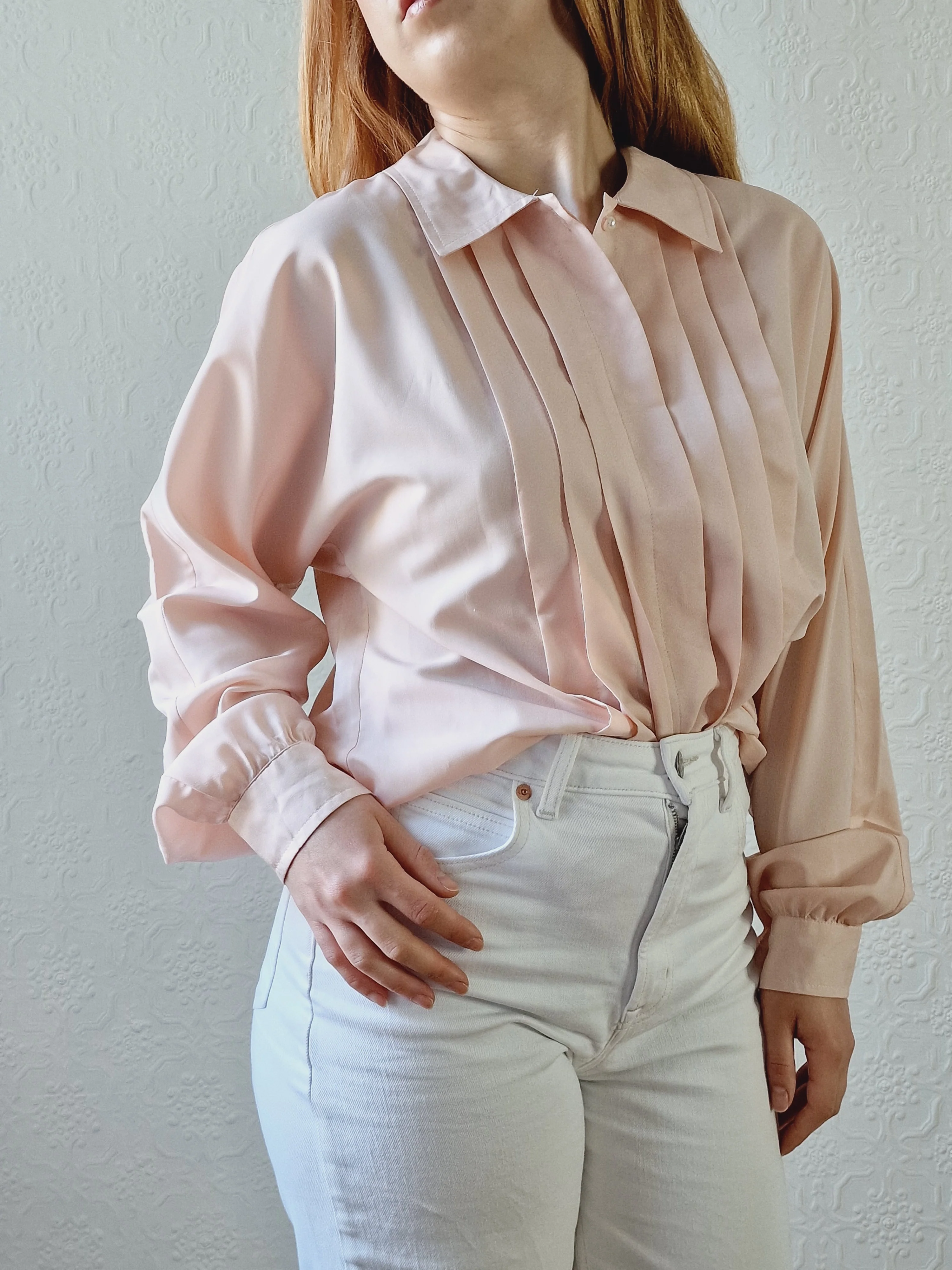 Vintage 80s Light Pink Long Sleeve Blouse With Pleating - S/M - Image 2