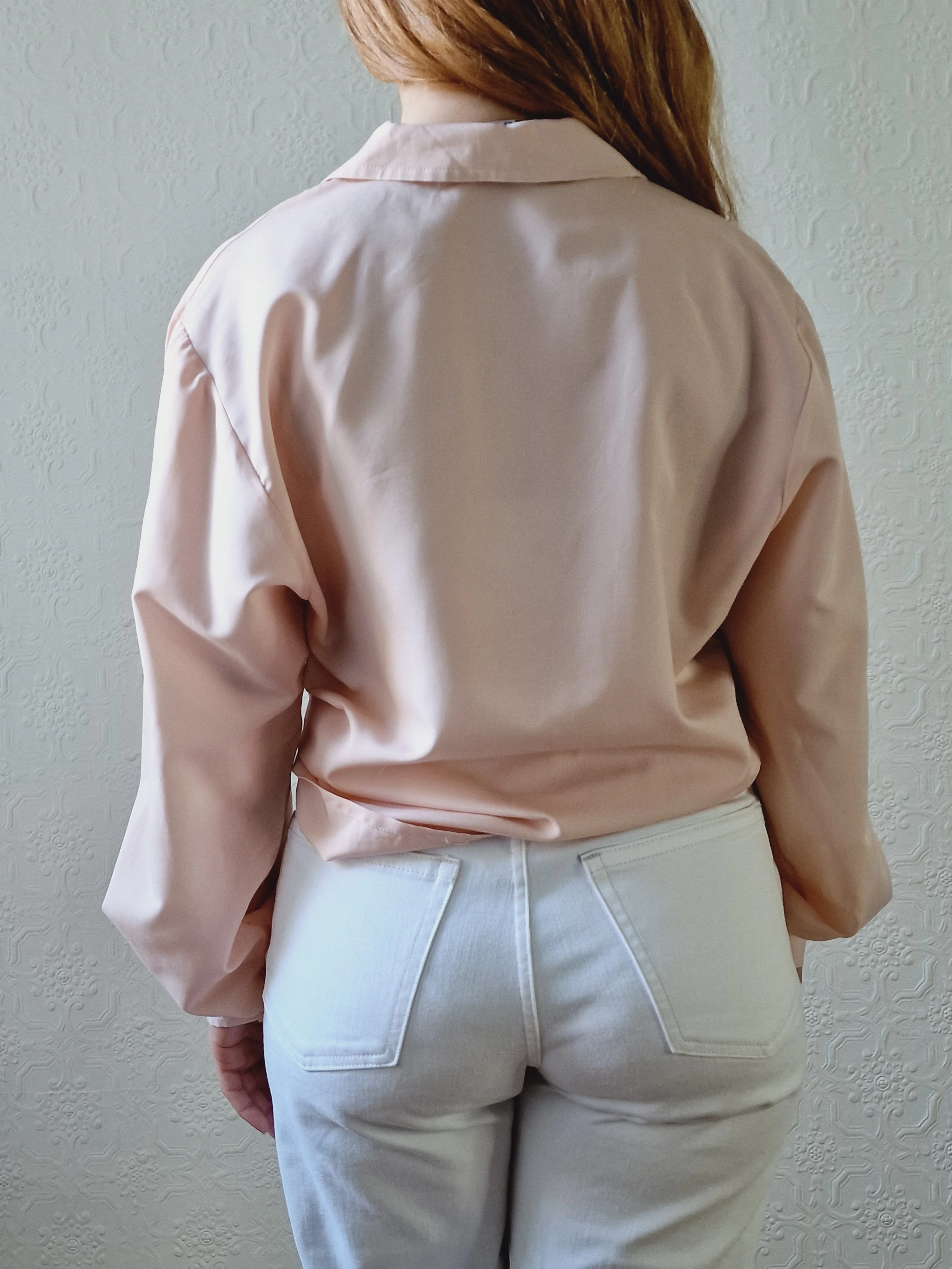 Vintage 80s Light Pink Long Sleeve Blouse With Pleating - S/M - Image 3