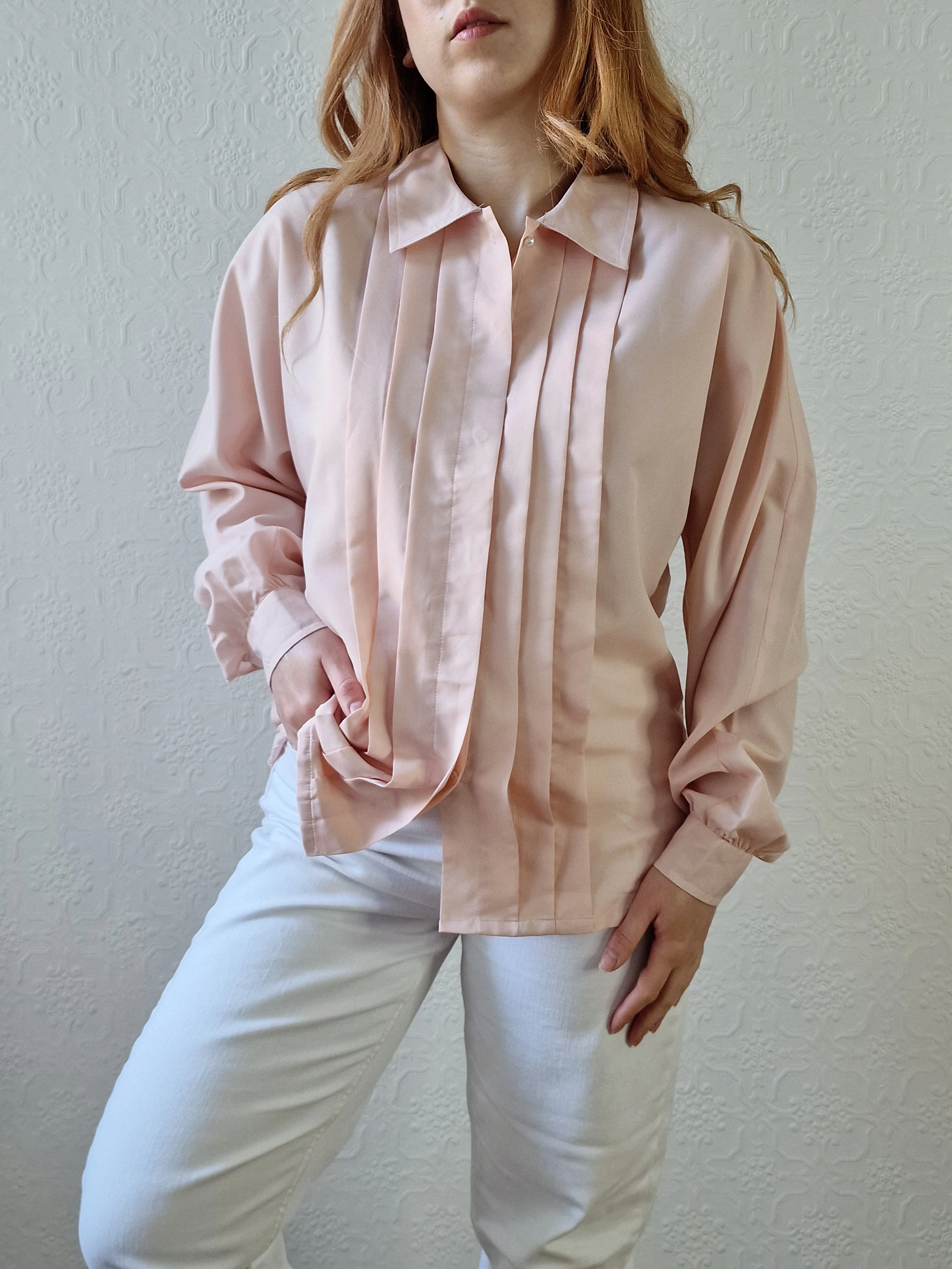 Vintage 80s Light Pink Long Sleeve Blouse With Pleating - S/M - Image 4